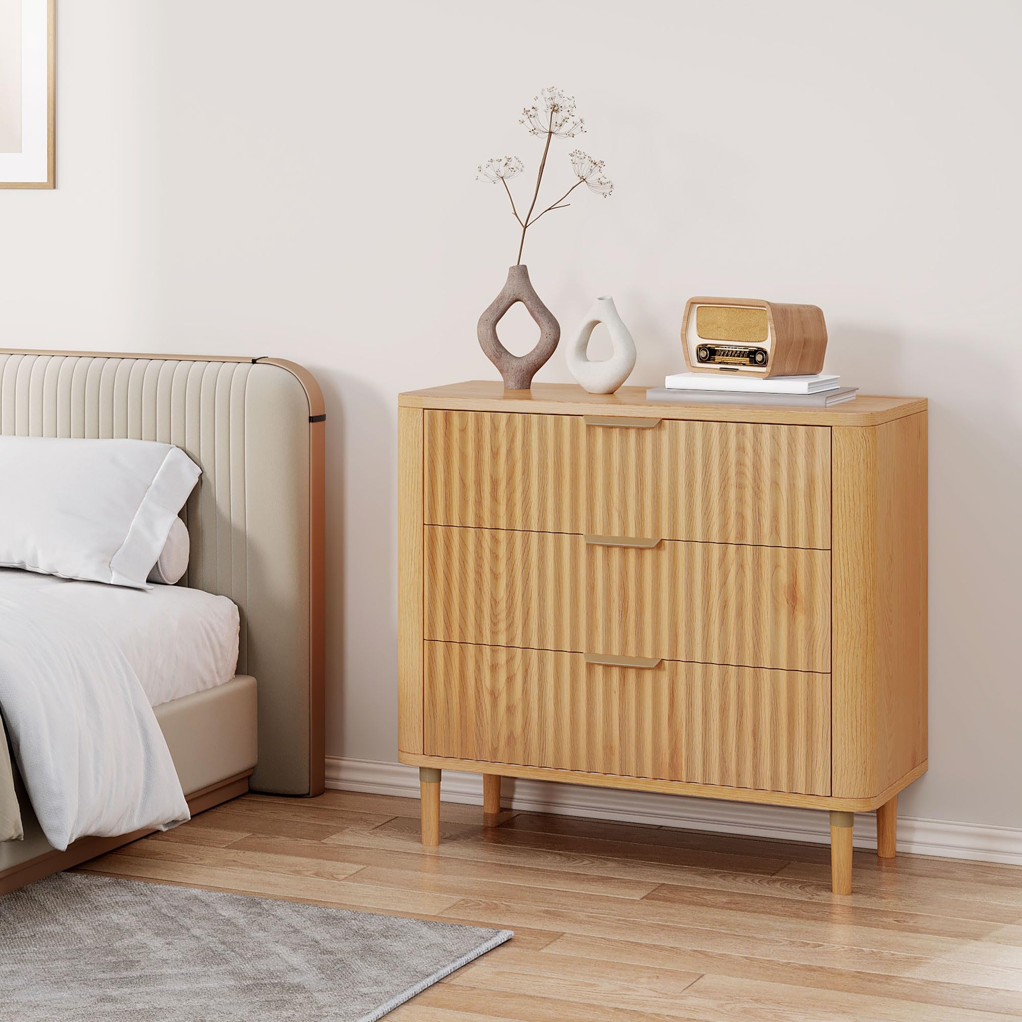 Fluted Nightstand Set of 2, 32.5 Wider Modern Side Table with Solid Wood Legs