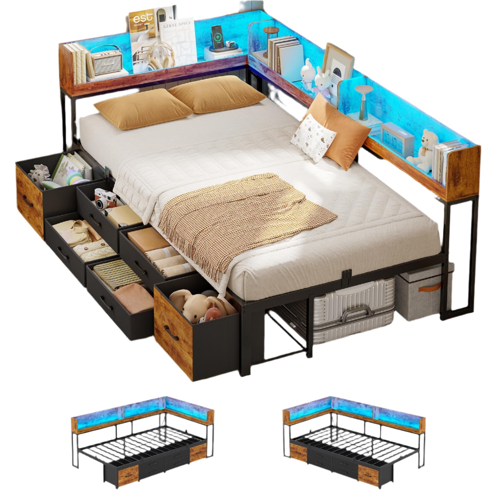Corner Bed Frame with Bookcase Storage, Twin Daybed with 6 Drawers