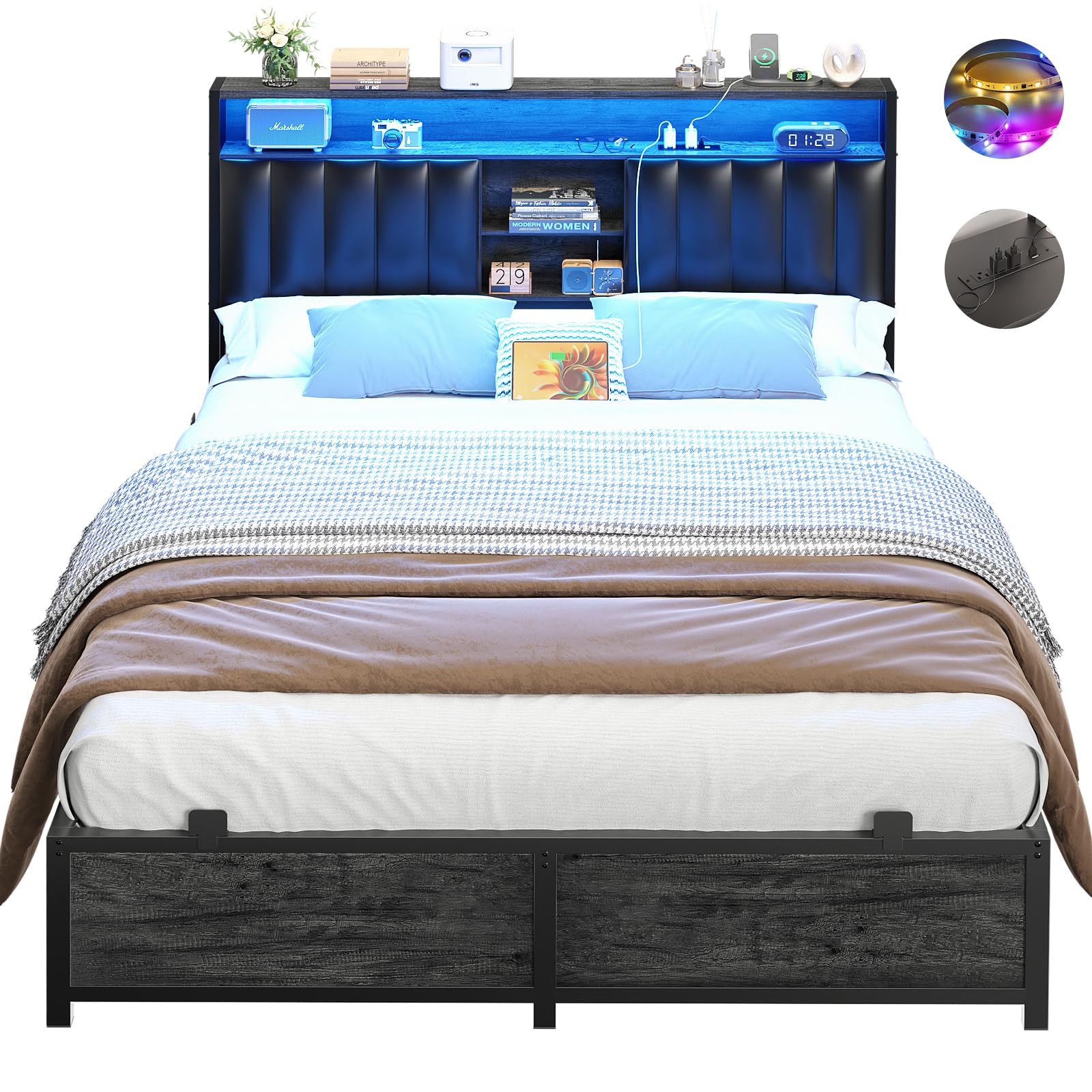Bed Frame with Charging Station & Led Lights, Platform