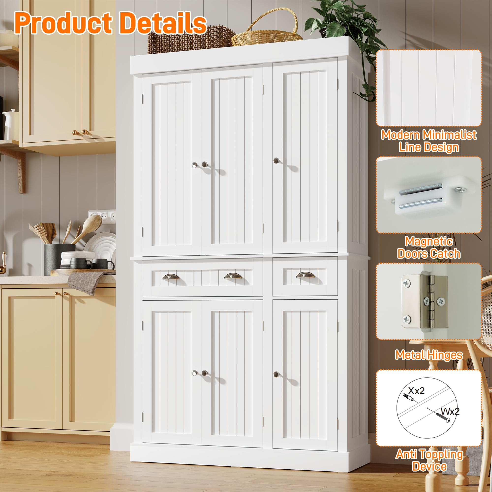 71" Tall Kitchen Pantry Cabinet with Doors, Drawers & Adjustable Shelves