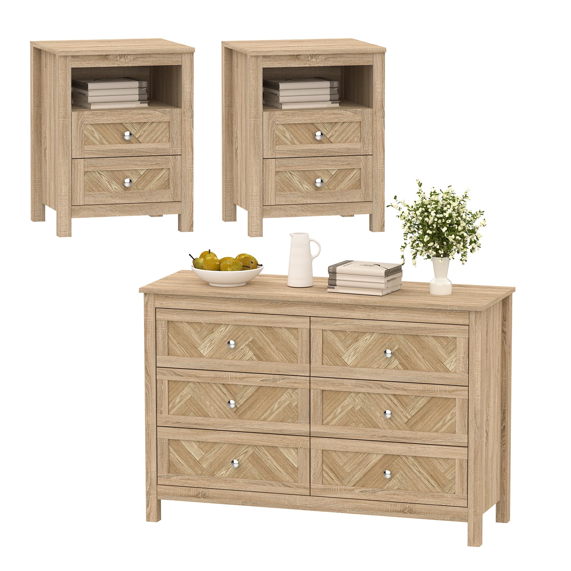 3 Pieces Bedroom Set with 6 Drawer Dresser and 2 Drawer Nightstands
