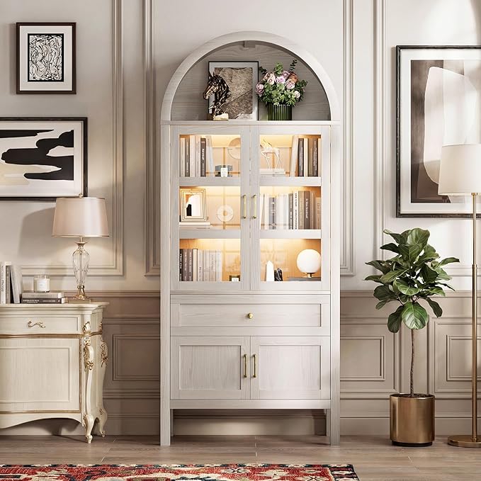 Arched Bookcase with Motion Sensor Lights & Glass Doors