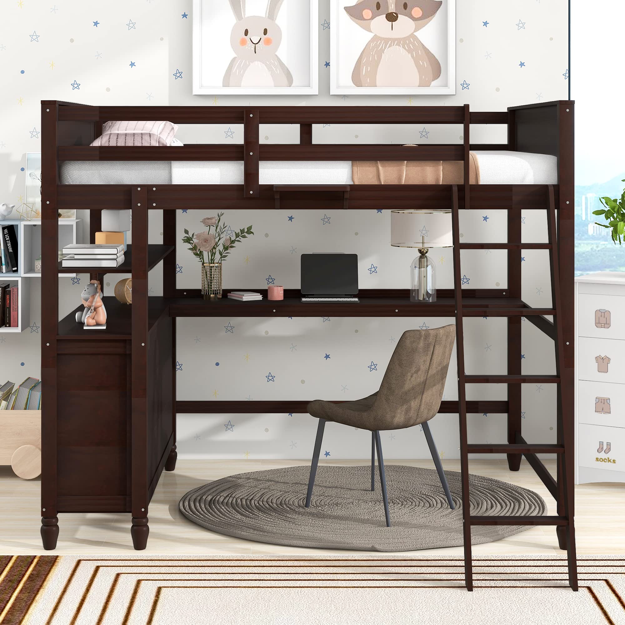 Full Size Loft Bed with Storage Drawers and Desk