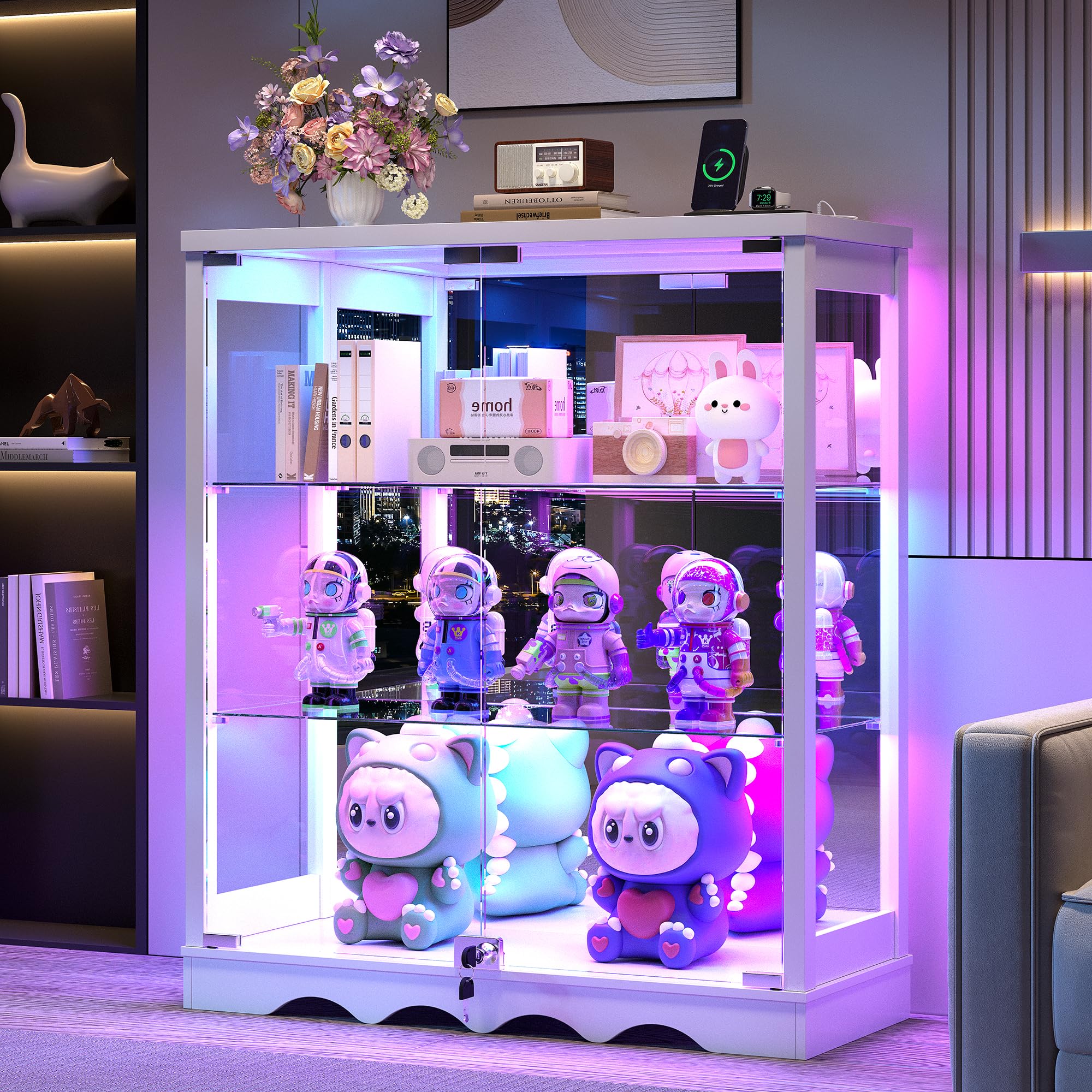 Glass Display Cabinet with RGB Lights & Lock
