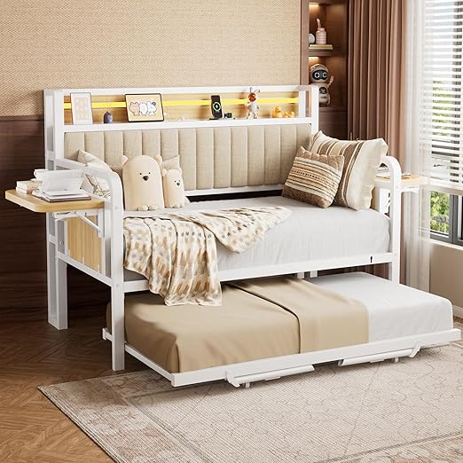 Trundle and LED Light, Heavy Duty Metal Twin Bed Frame