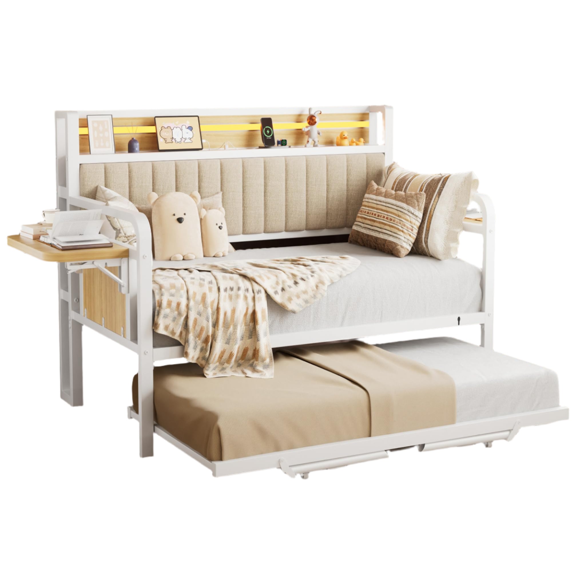 Trundle and LED Light, Heavy Duty Metal Twin Bed Frame with Upholstered Storage