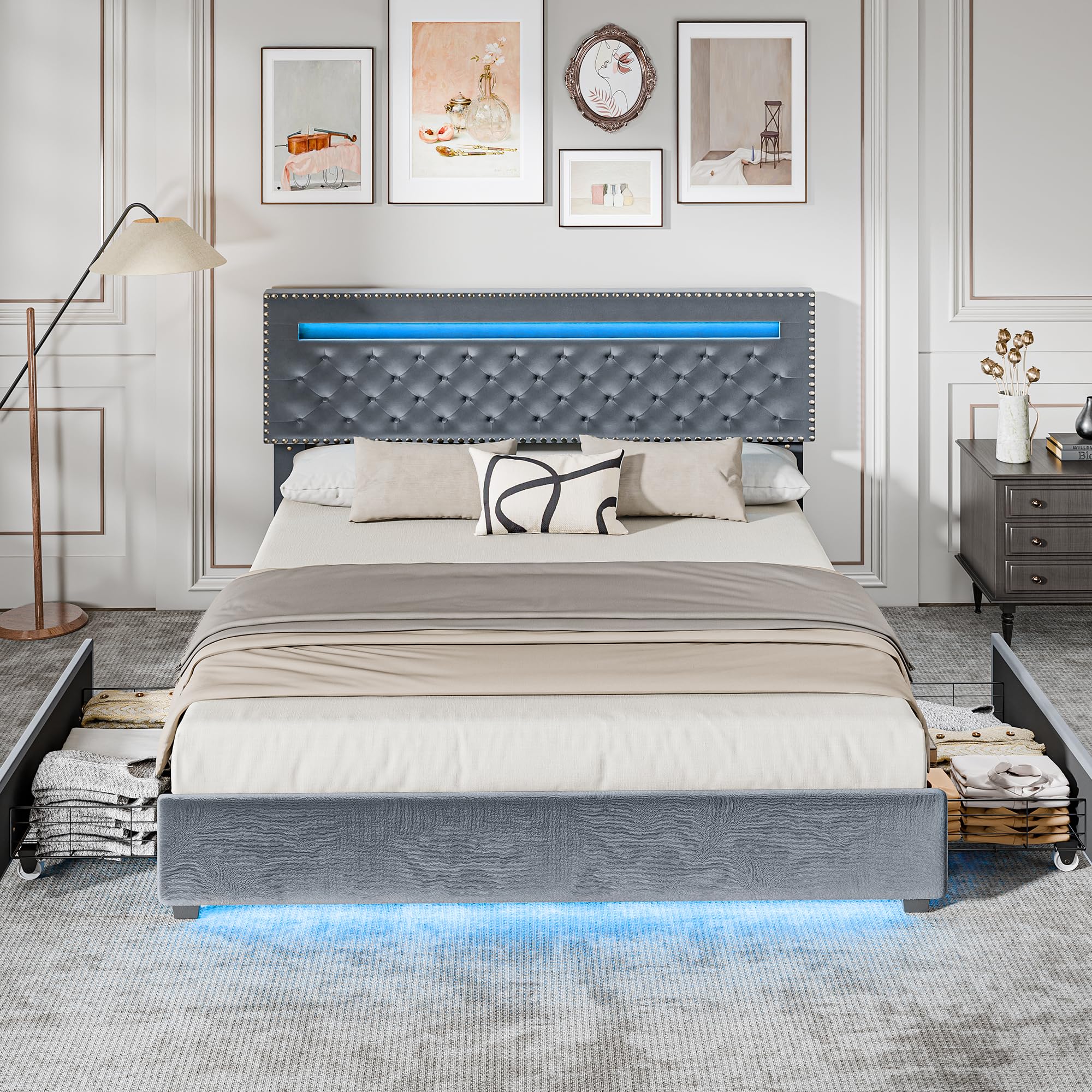 Queen Size Bed Frame with LED Lights, Velvet Upholstered Platform Queen
