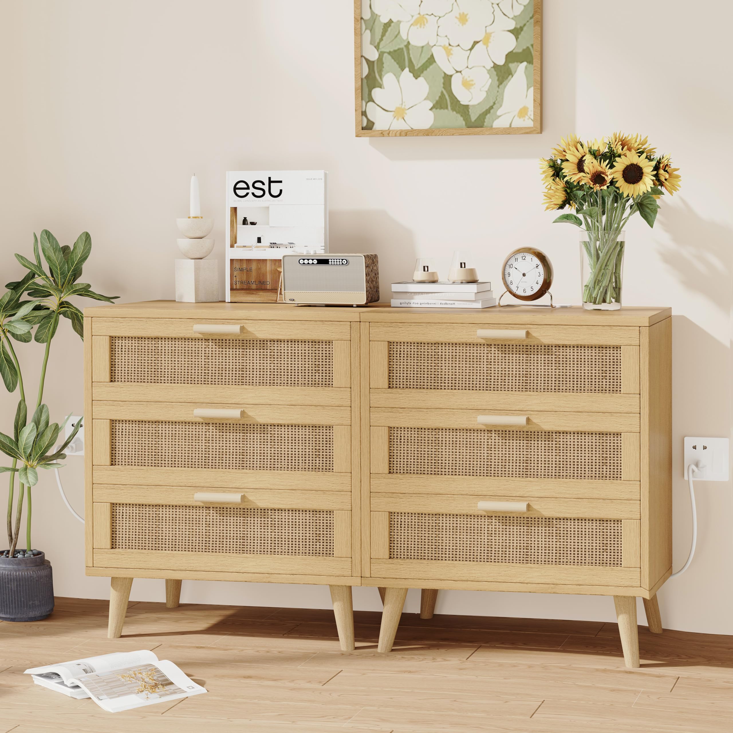 Rattan Nightstand with Charging Station, Night Stand with 3 Drawers