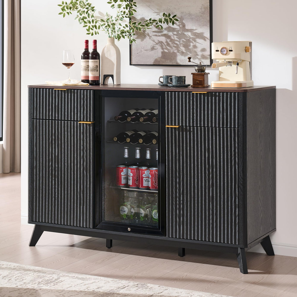 60" Fluted Bar Cabinet with Mini Fridge Space