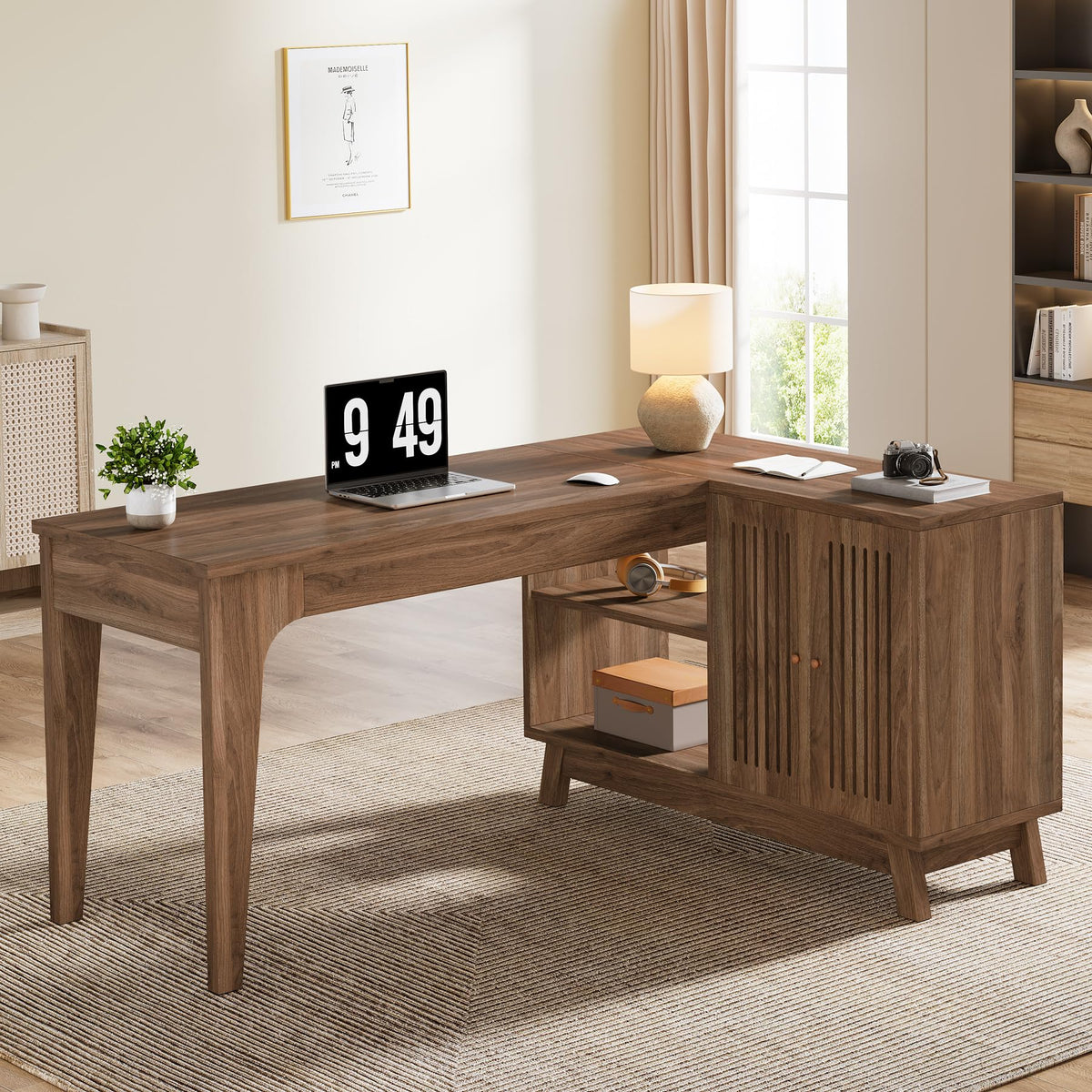 57" L-Shaped Corner Desk with Storage Shelves & Cabinet