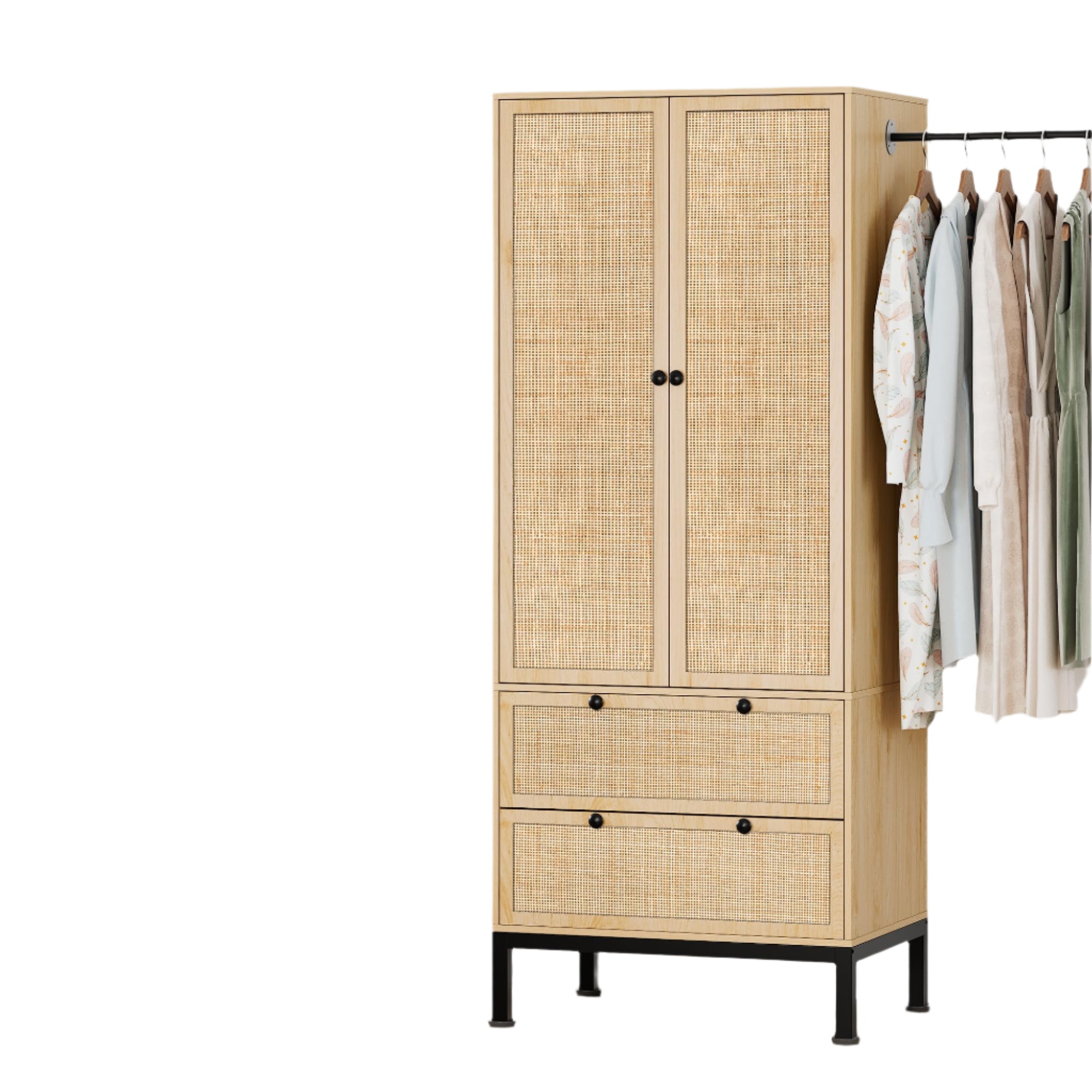 74" Natural Rattan Woven Wardrobe Armoire Closet with Hanging Rod