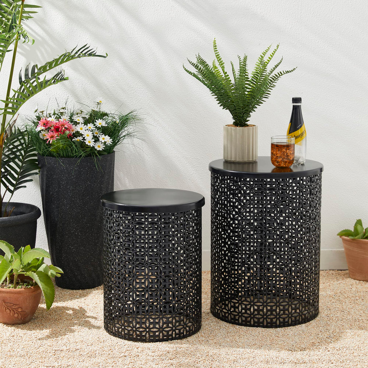 Metal Garden Stool Set of 2 with Openwork Floral Design