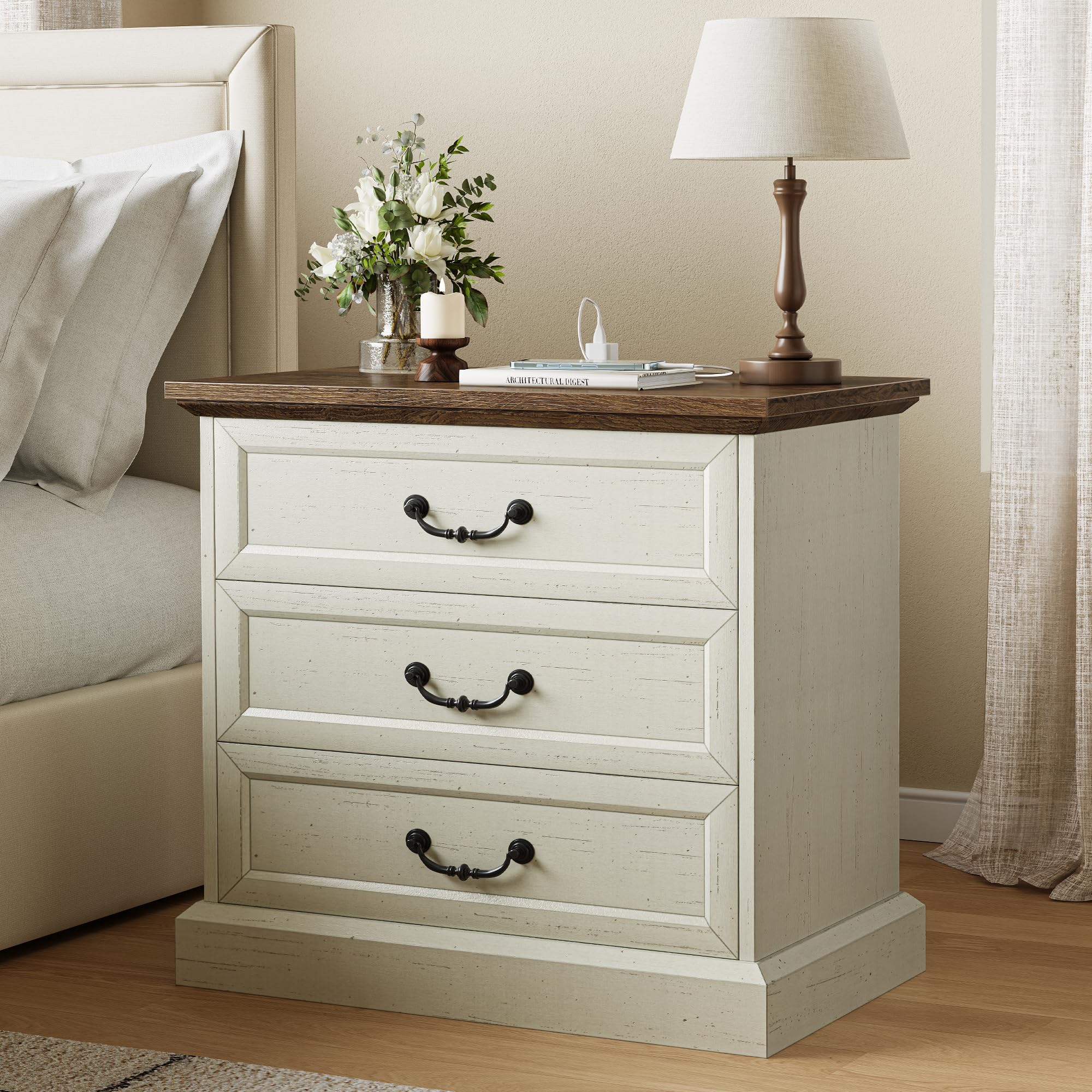 Nightstand with Charging Station, 3 Drawer Night Stand Set of 2