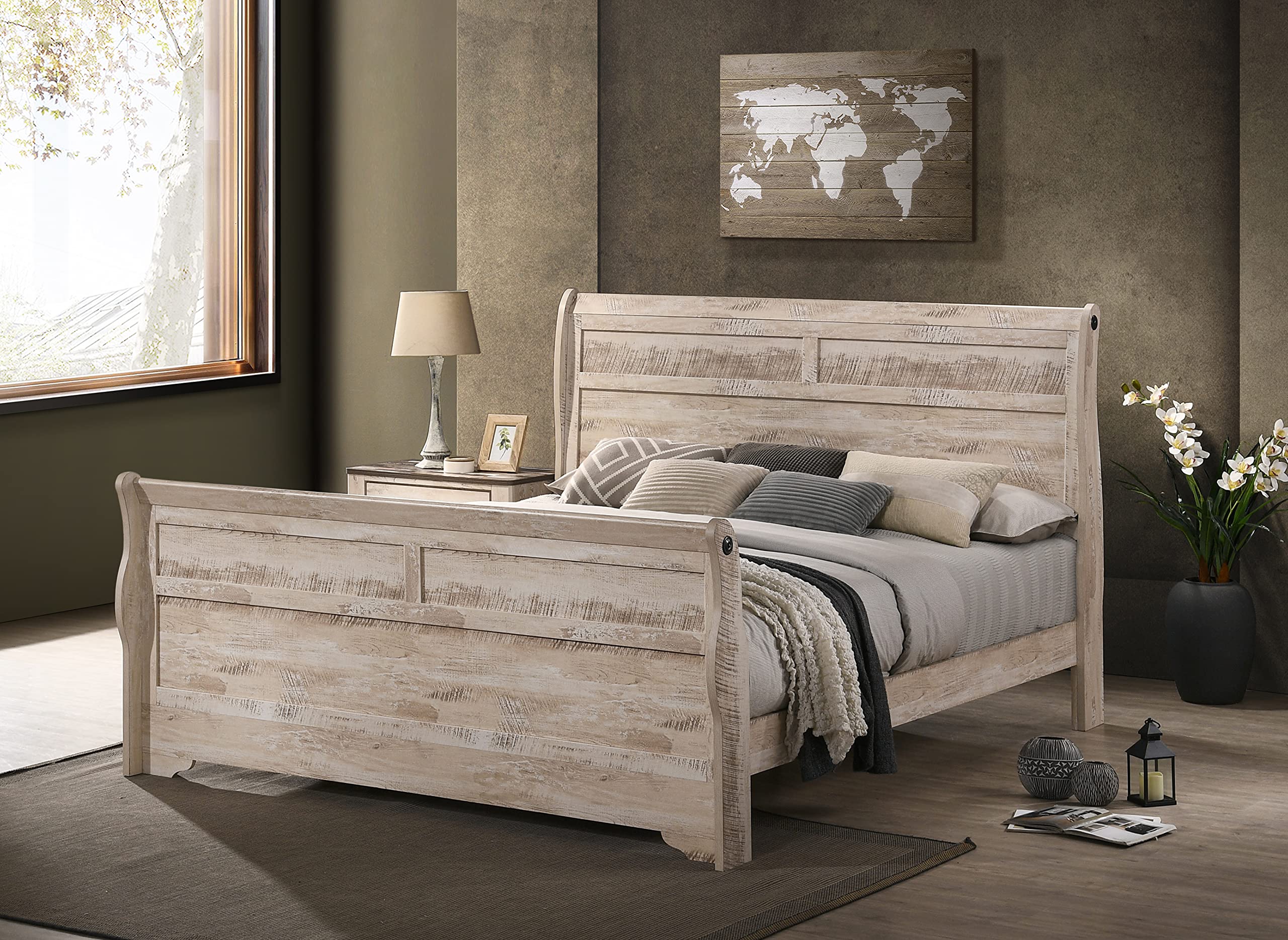 Imerland Contemporary White-wash Finished 6-Piece Sleigh Headboard Bedroom Set