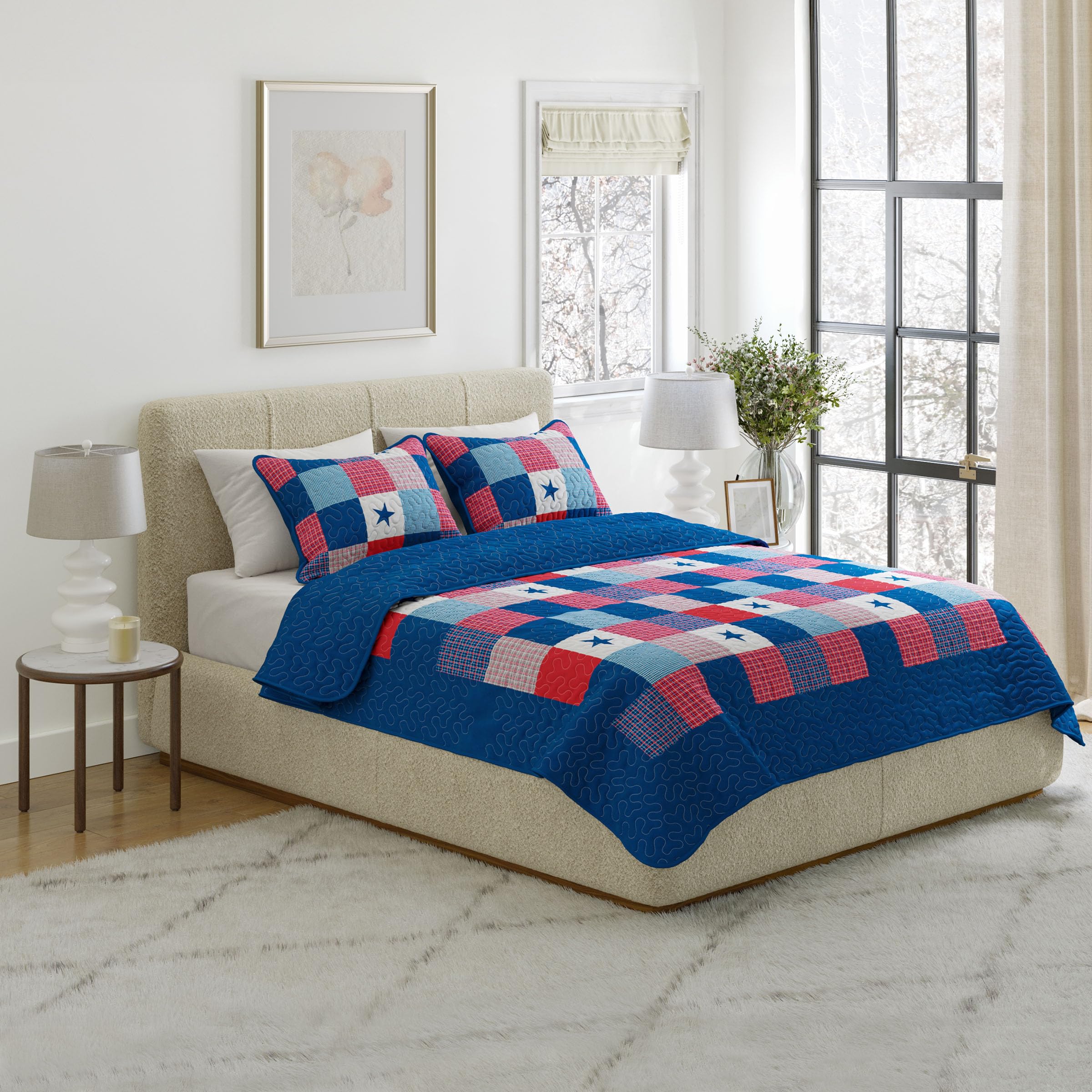 2-Piece Caroline Patriotic Quilt Set – Microfiber Americana Stars and Plaid Patchwork