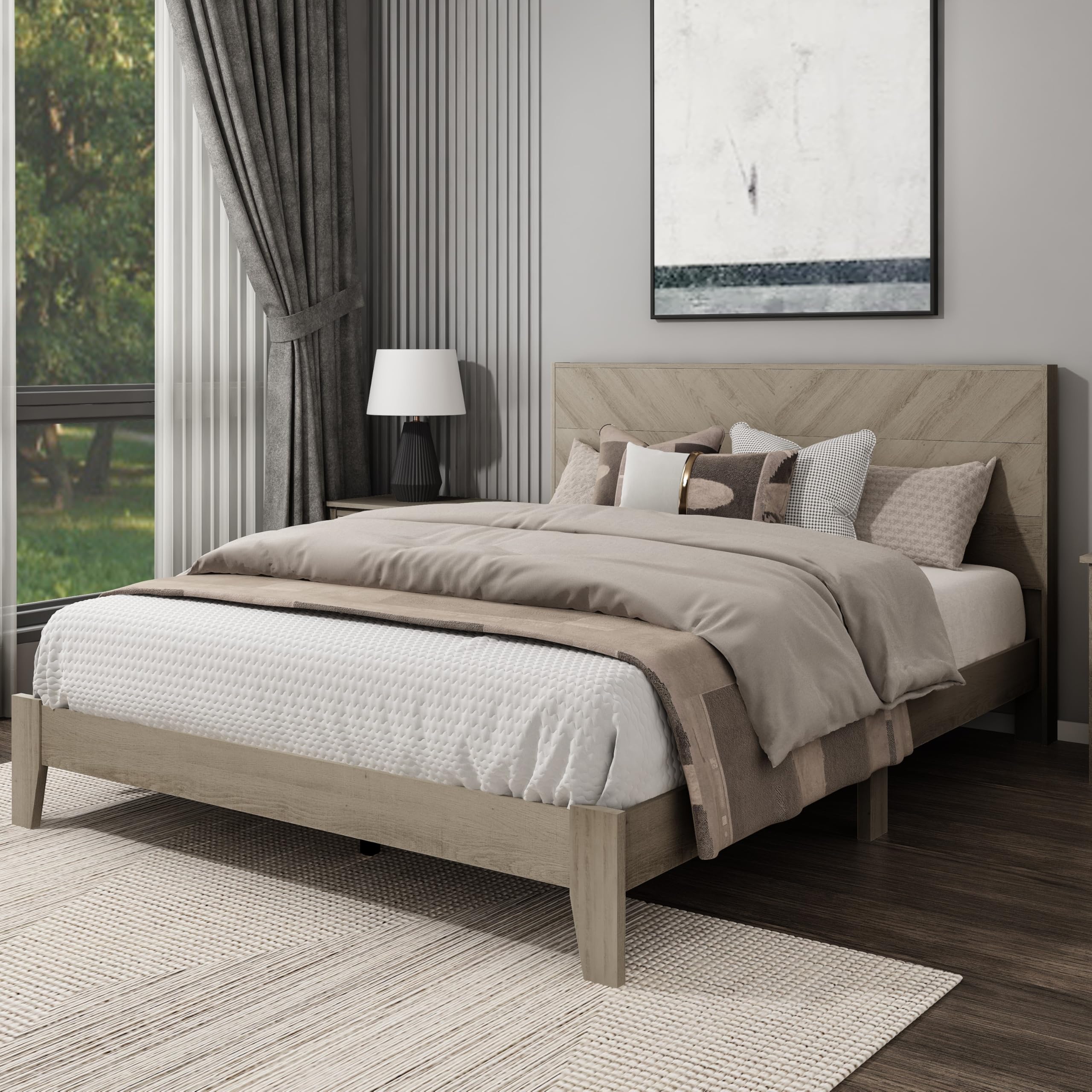 Galano Weiss Wood Platform Queen Bed Frame with Headboard, Fit 60'' x 80'' Mattress