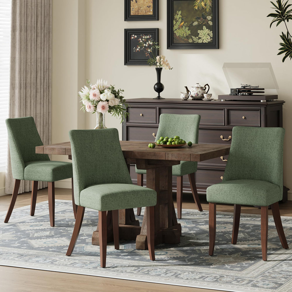 Upholstered Dining Chairs Set of 4 with Wood Legs - Green