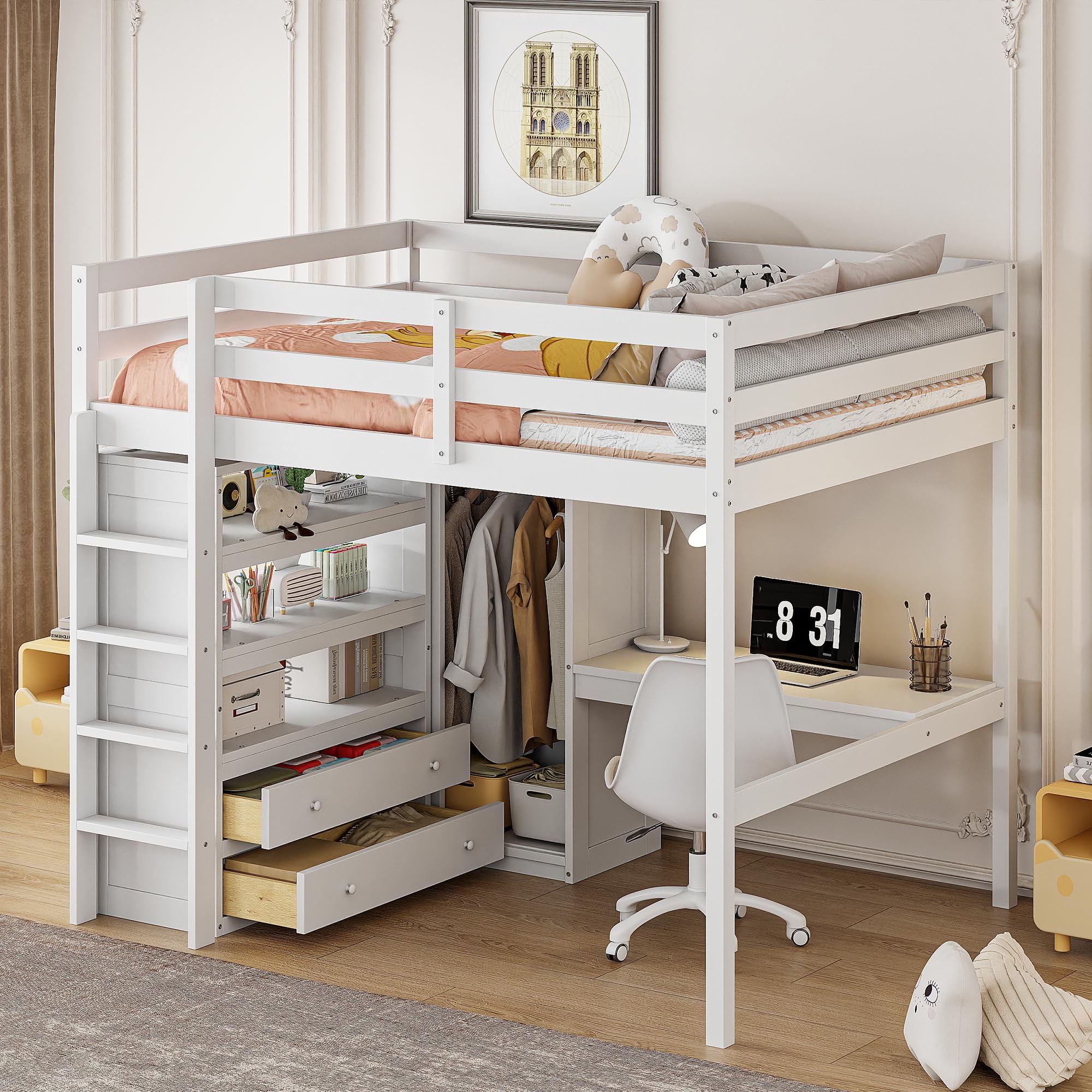 Harper & Bright Designs Full Size Loft Bed with Desk, Storage Shelves and Drawers
