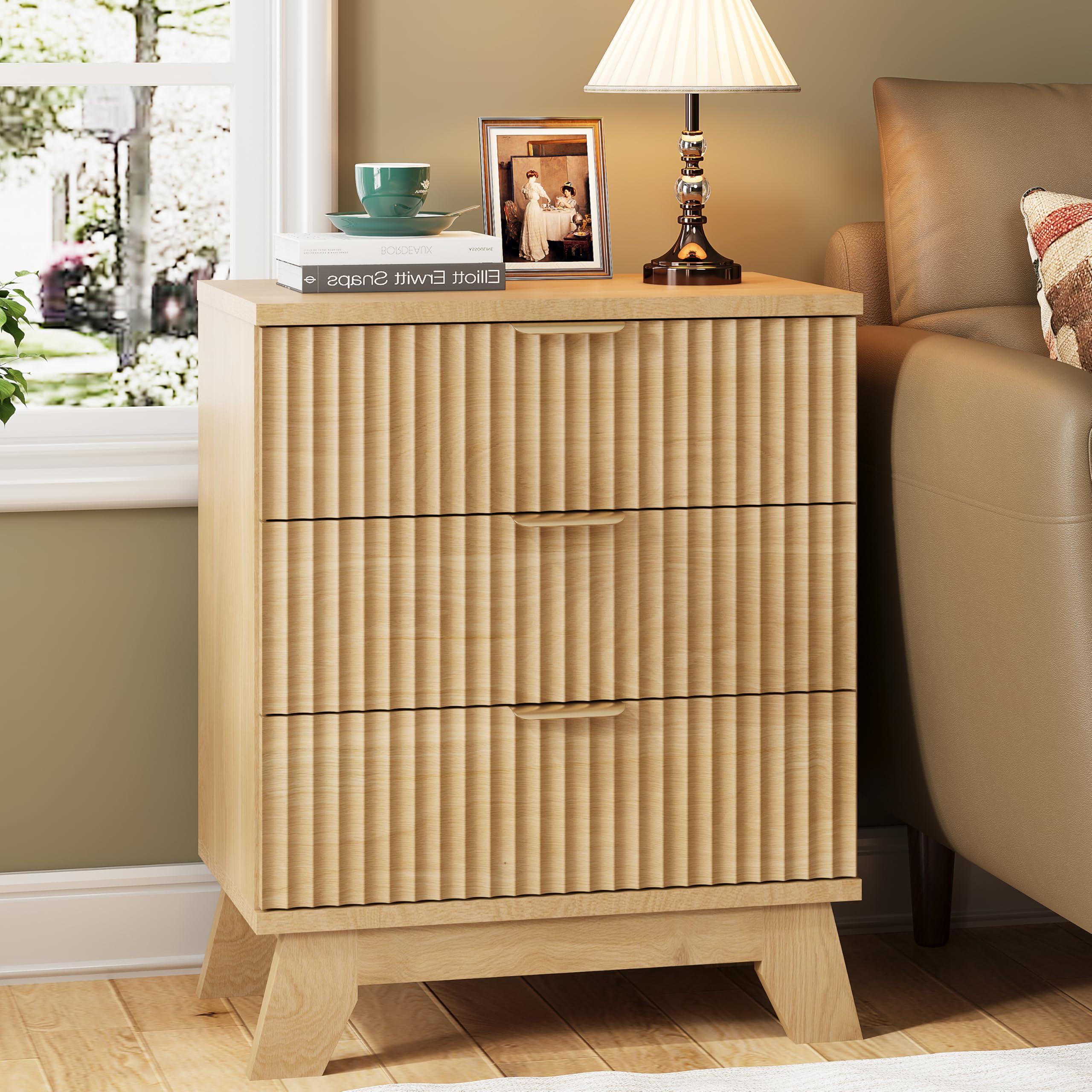 Fluted Nightstand, 24" Wide Side Table with 3 Large Storage Drawers