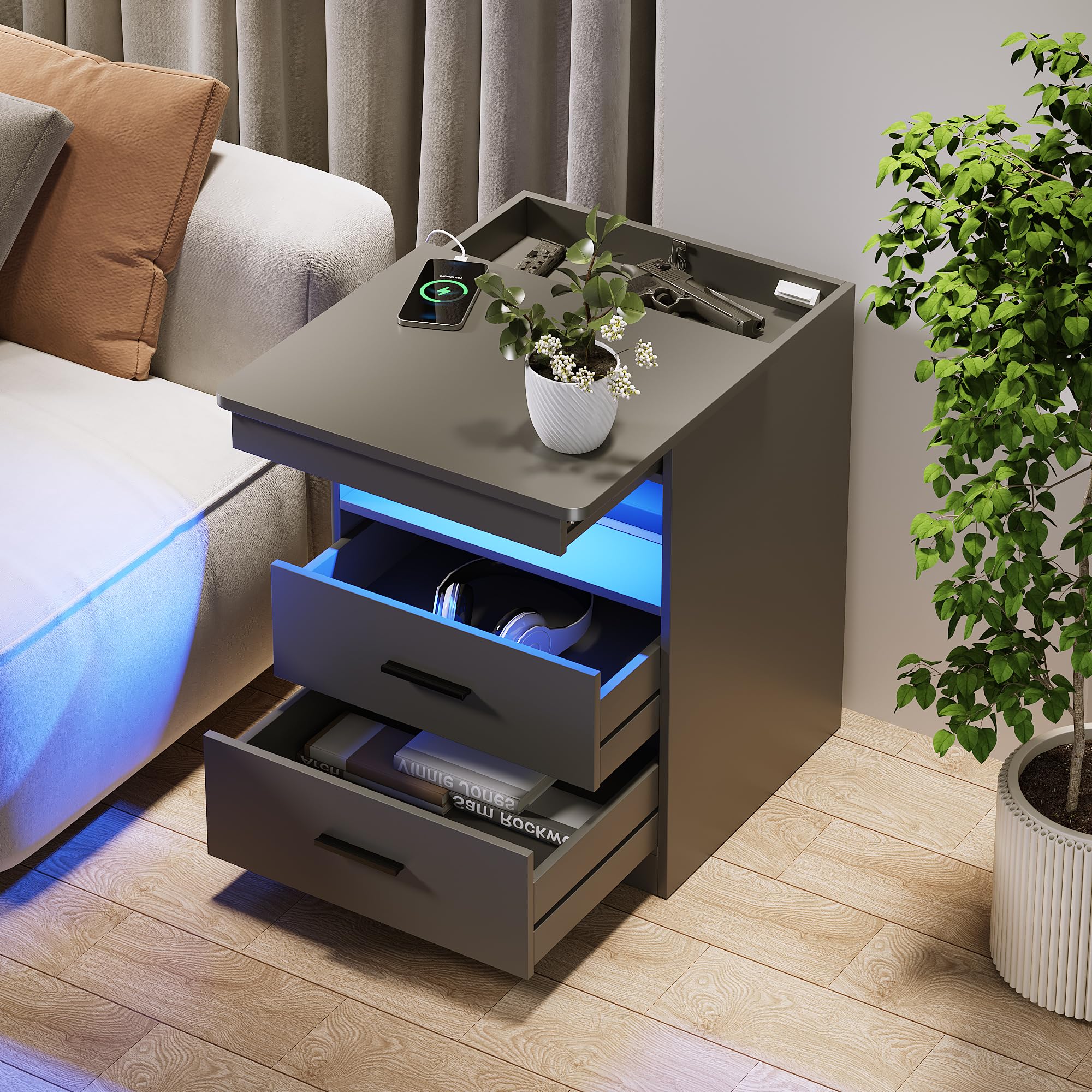 Nightstand with Gun Drawer, Charging Bedside Table with USB & Type-C Port