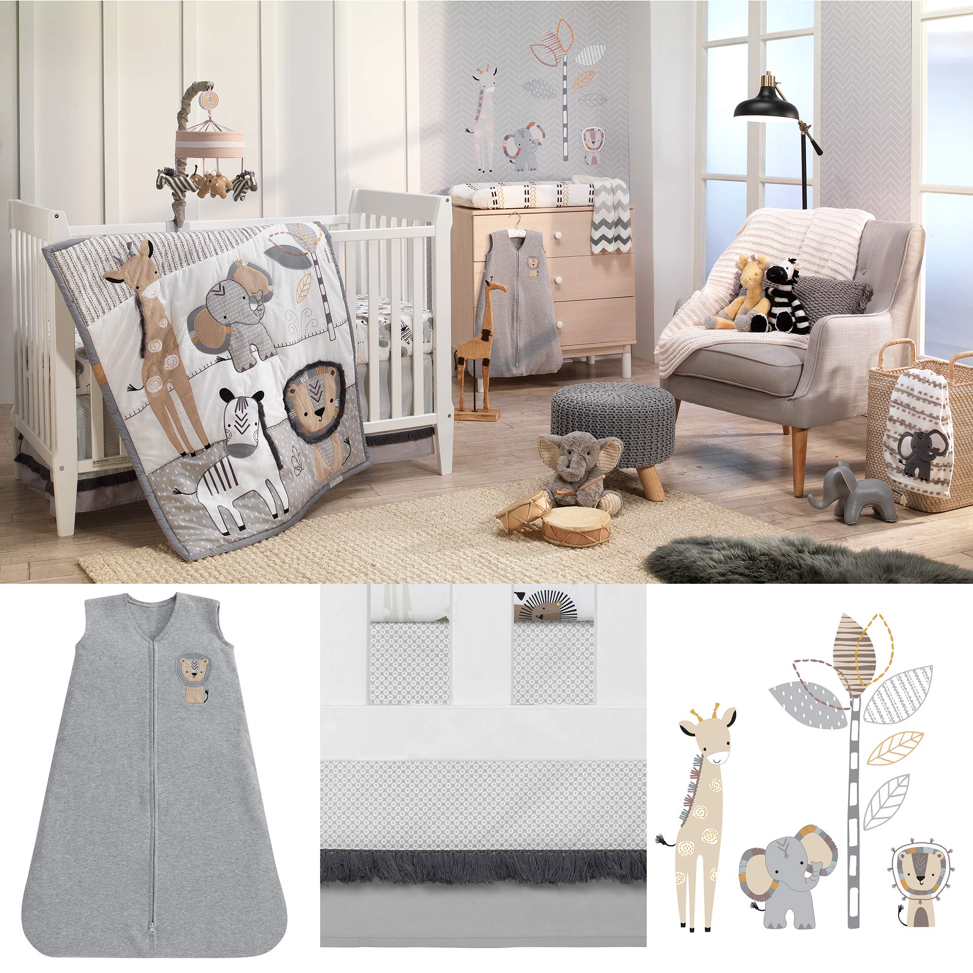 ungle Safari Gray/Tan/White Nursery 6-Piece Baby Crib Bedding Set