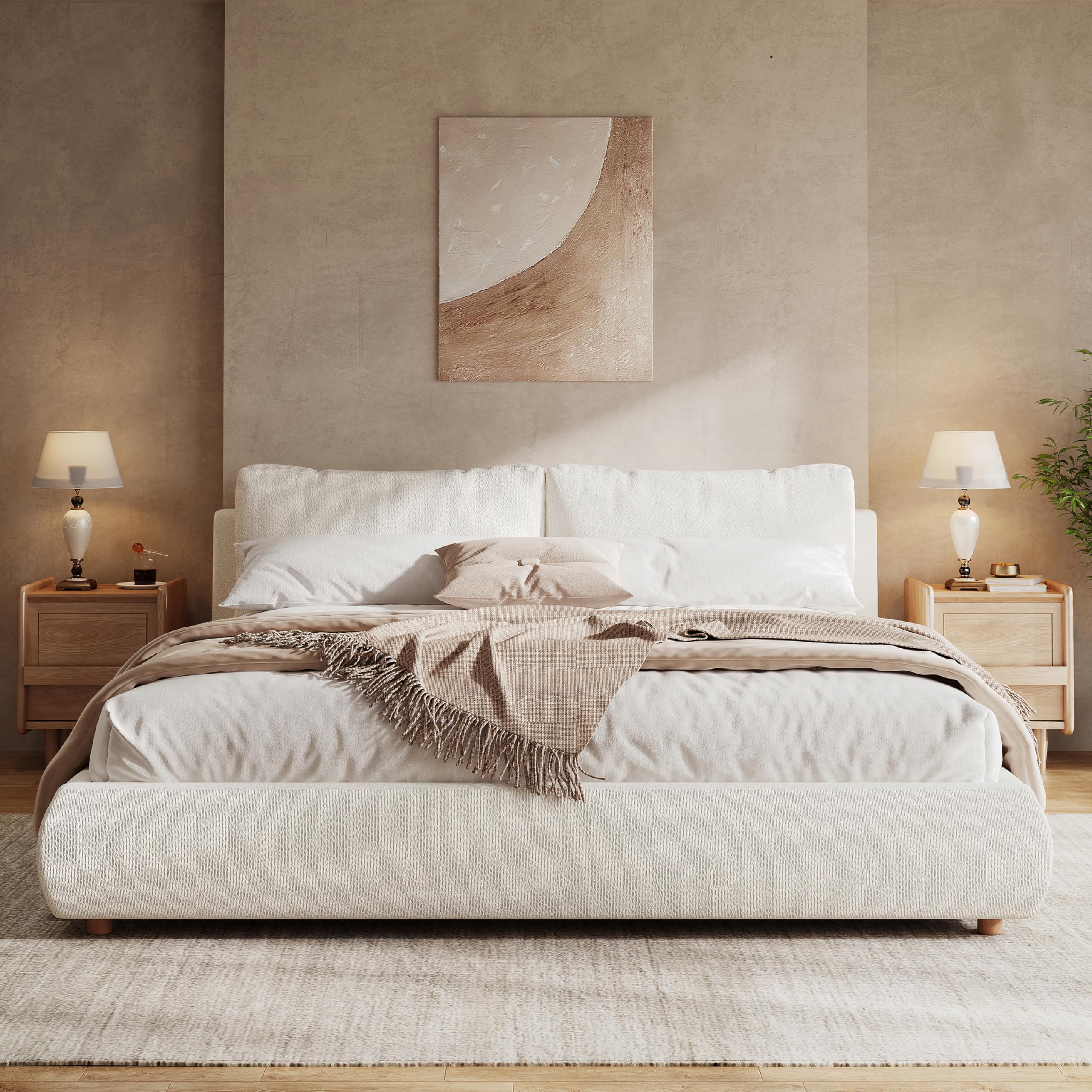 King Size Boucle Fabric Upholstered Platform Bed with Two Removable Pillow Headboard