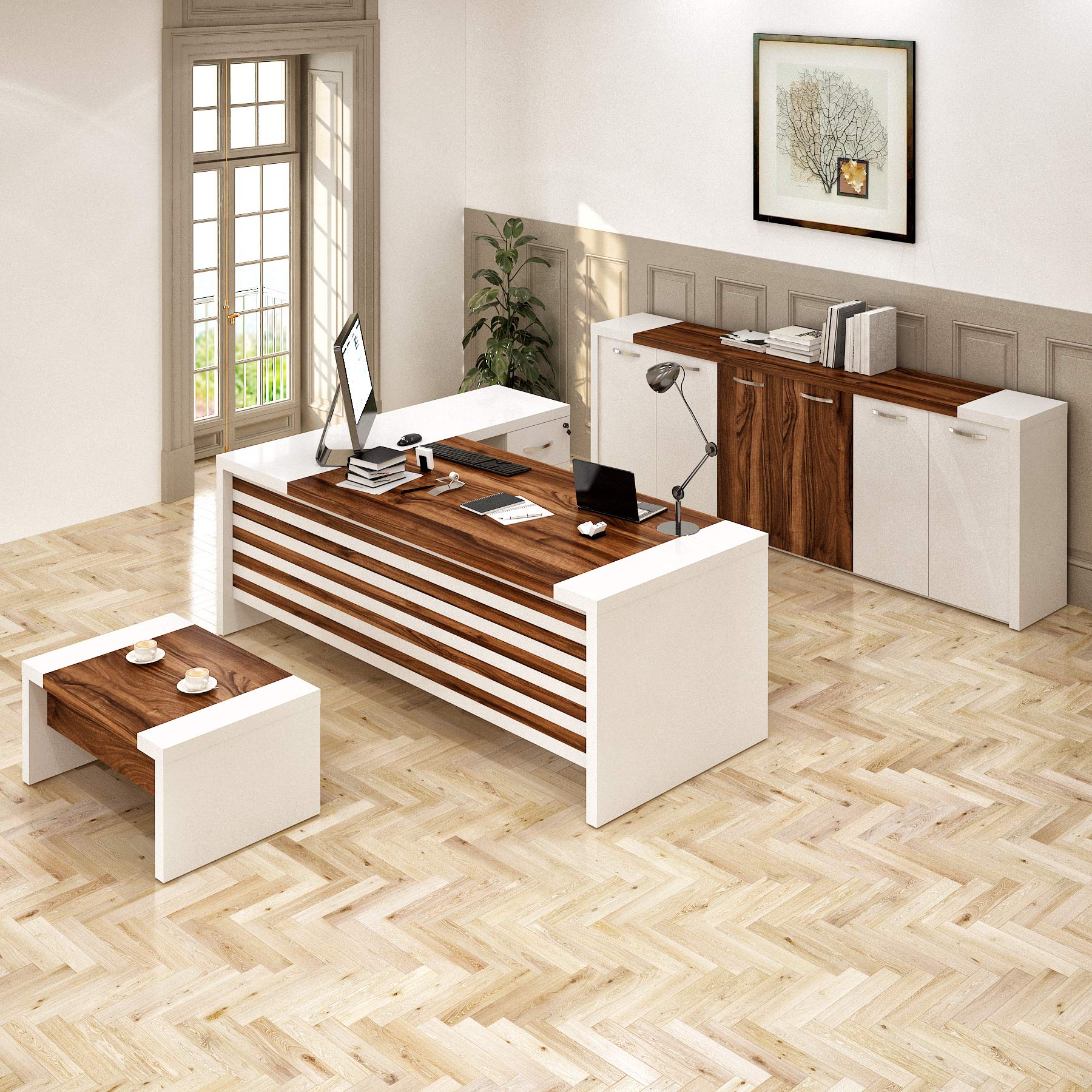 L-Shaped Executive Office Desk Set with Coffee Table & Storage Cabinet