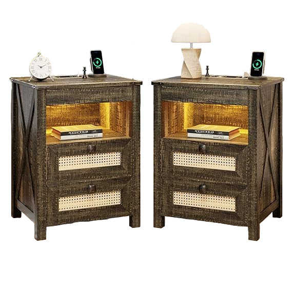 Night Stand with Gun Drawer, Bedside Table with Charging Station & LED Light