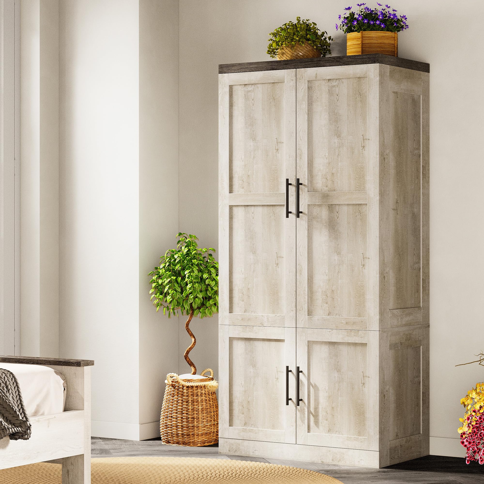 large Wardrobe Closet, Farmhouse Clothing Storage Cabinet with Hanging Rod