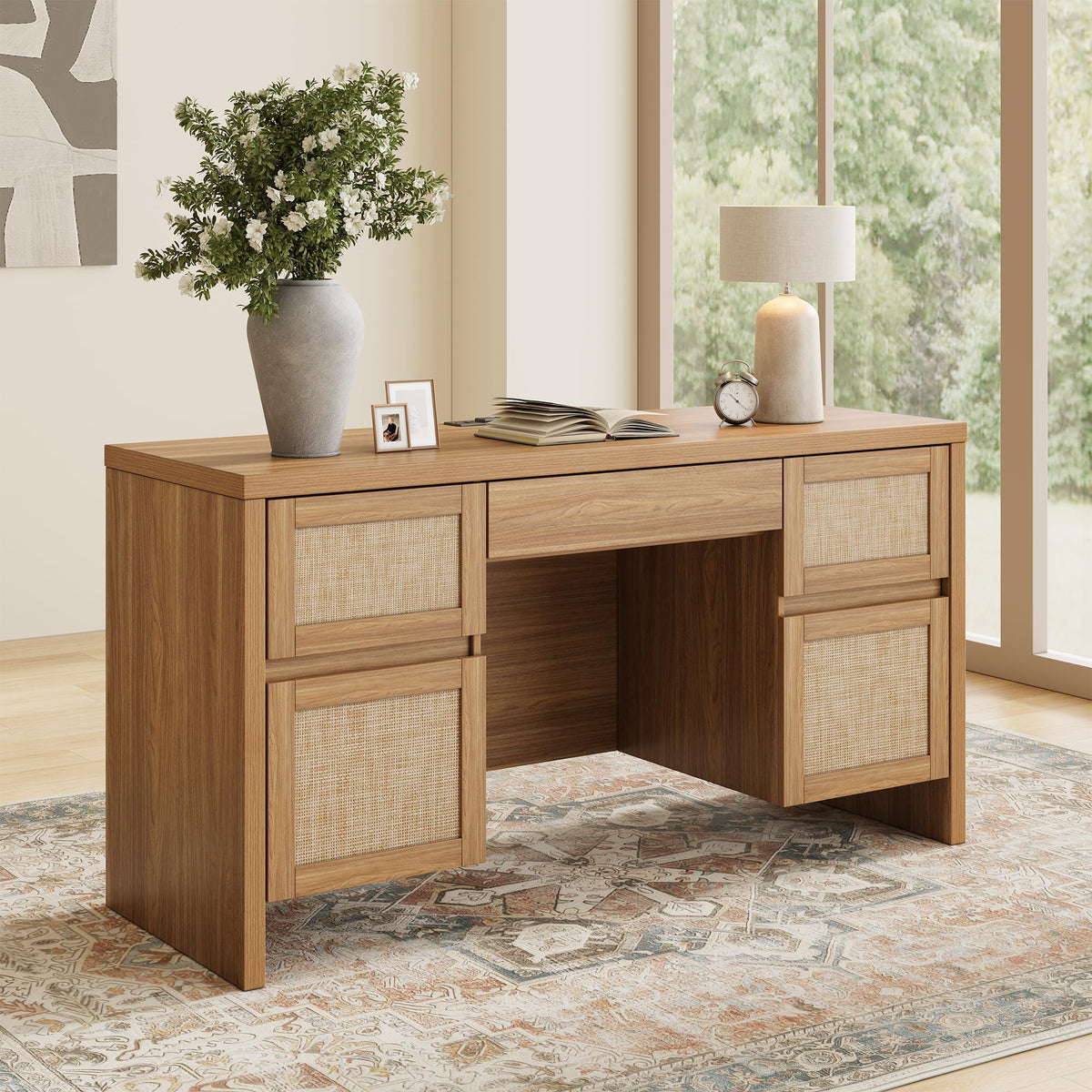 57" Farmhouse Executive Desk with Rattan, 5 Drawers & Charging Station