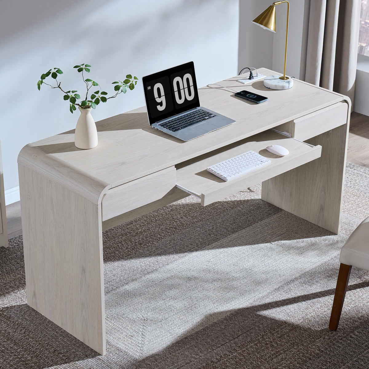 63" Curved Wood Computer Desk with 2 Drawers, Keyboard Tray & Charging Station