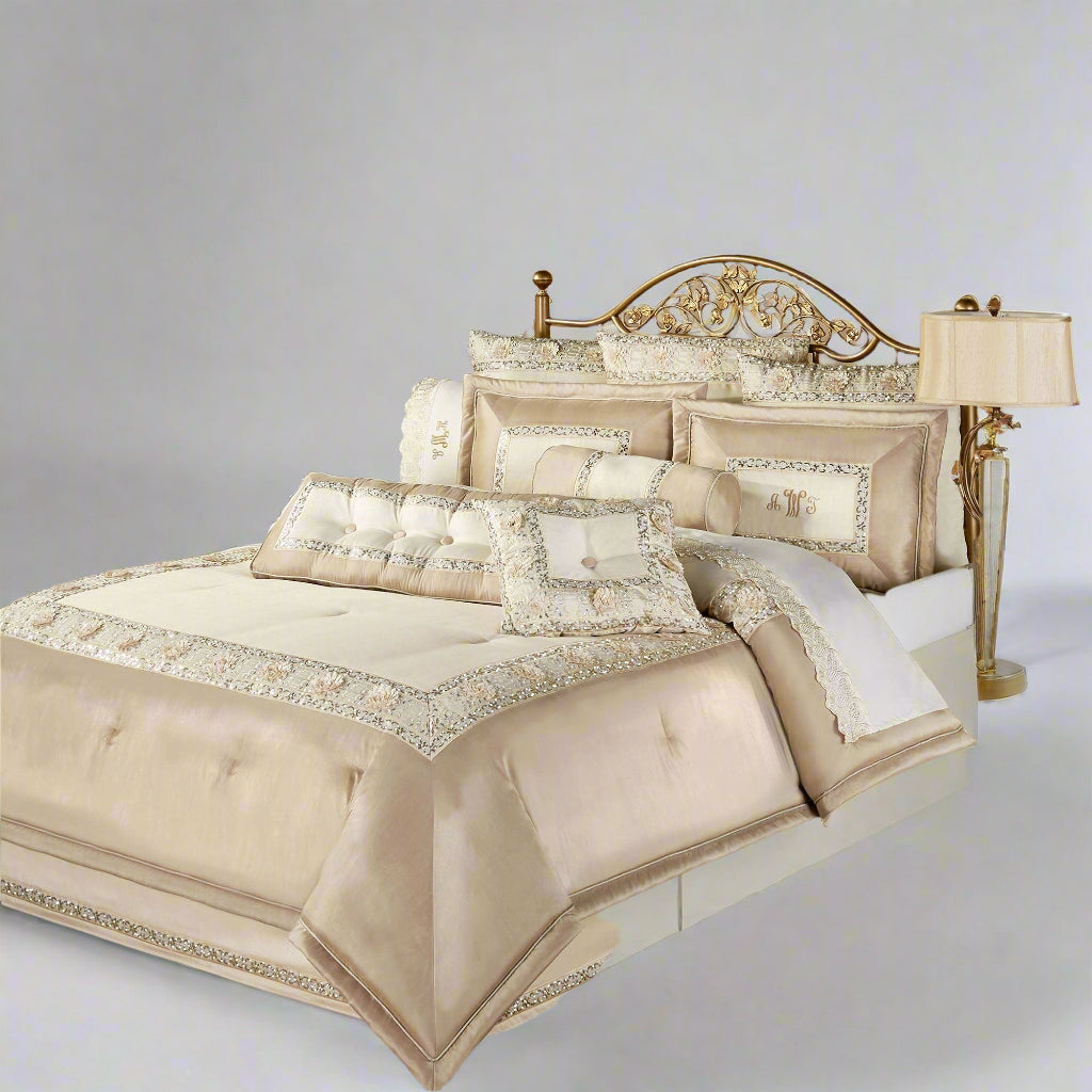 Elegante Faux Silk Luxury Sequined Comforter Set Light Cream Queen
