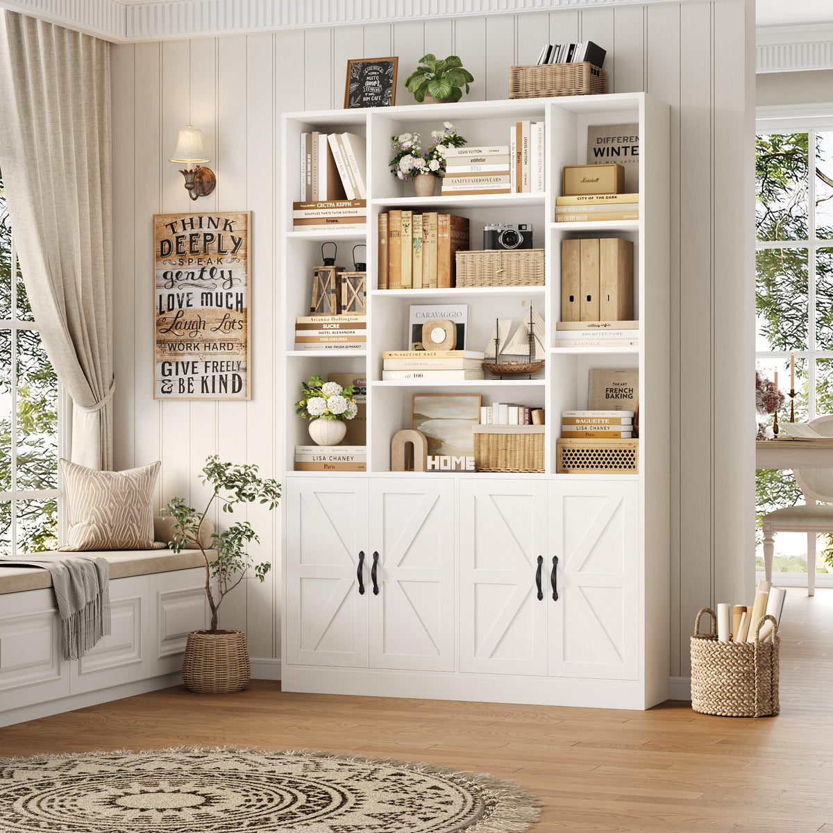 72" Tall Farmhouse Bookcase with 4 Barn Doors, 10 Open Shelves and 750 lb Capacity