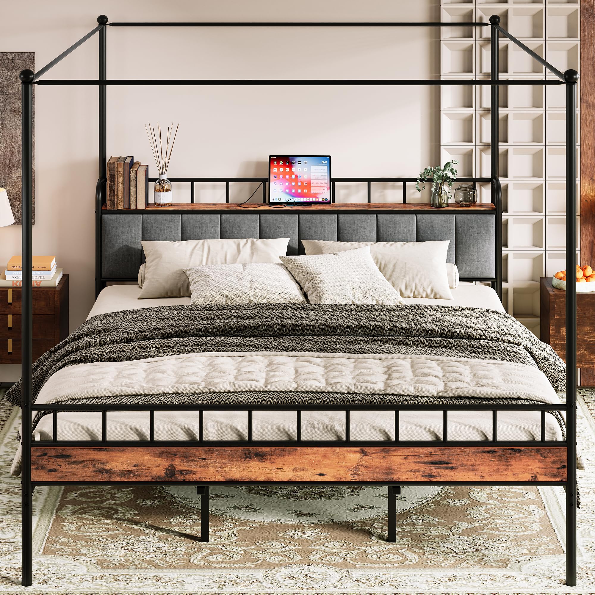Canopy Bed Frame King, Storage Headboard with Charging Station