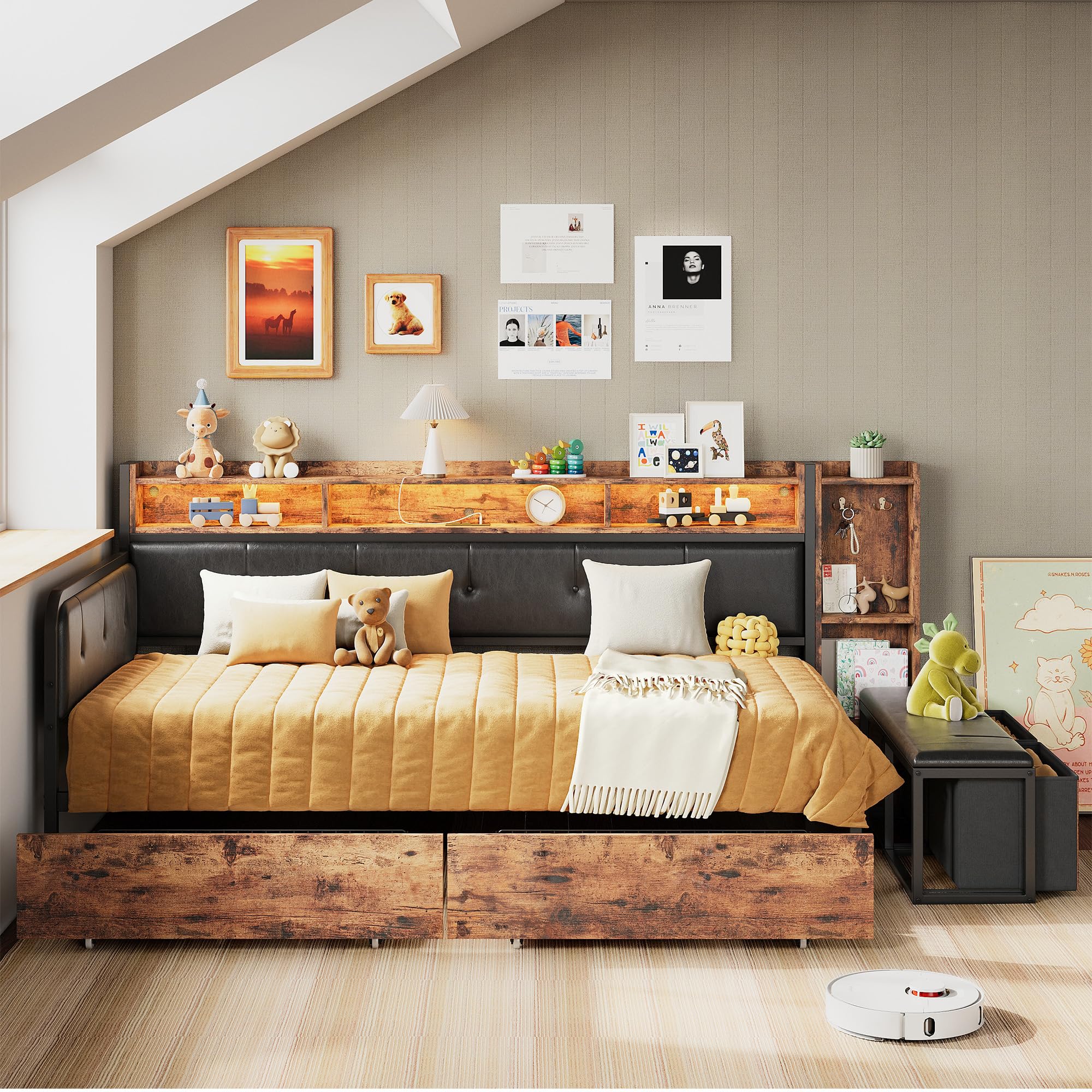 Corner Bed Frame, Twin Daybed with 2 Drawers & Charging Station