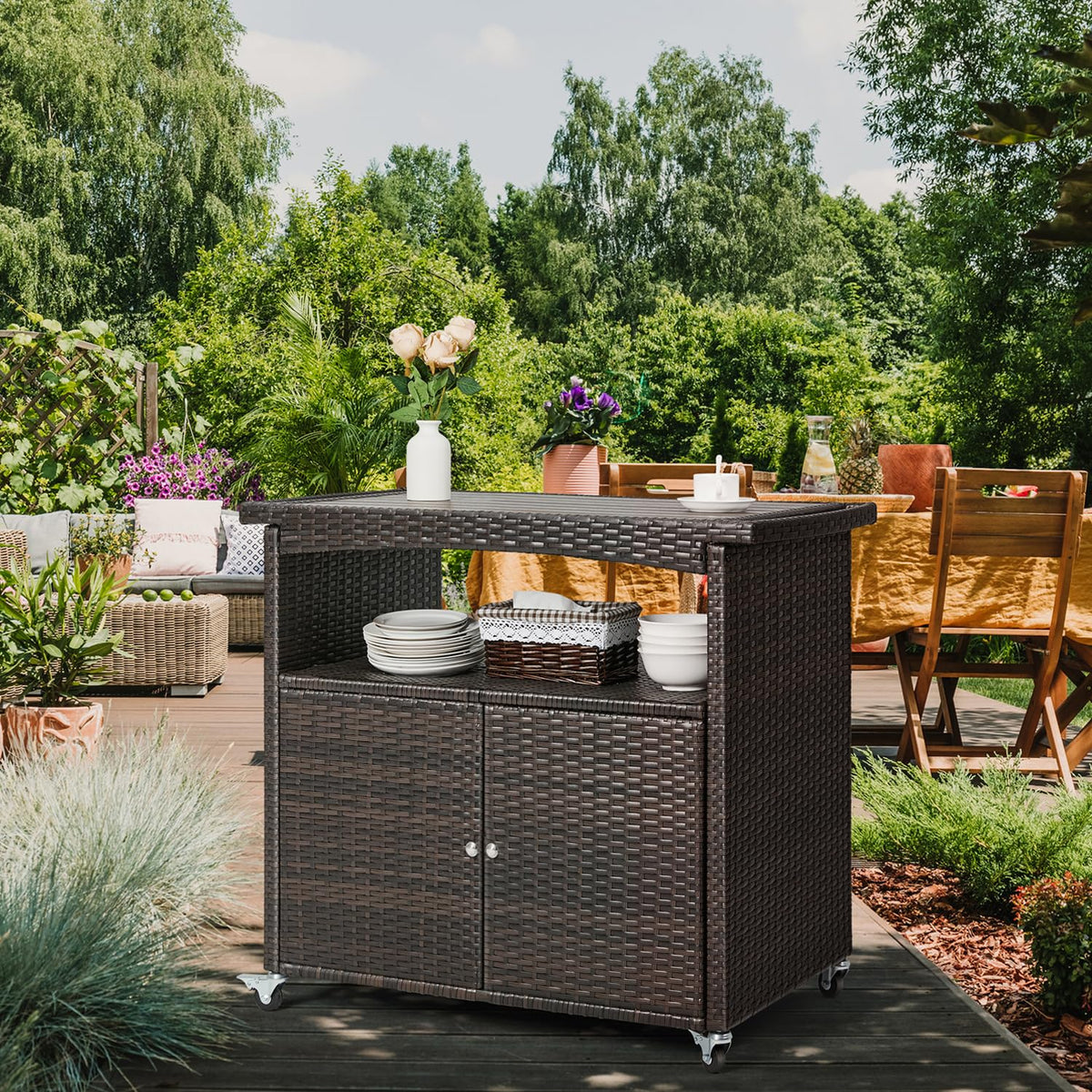 Outdoor Wicker Bar Cart with Storage Cabinet