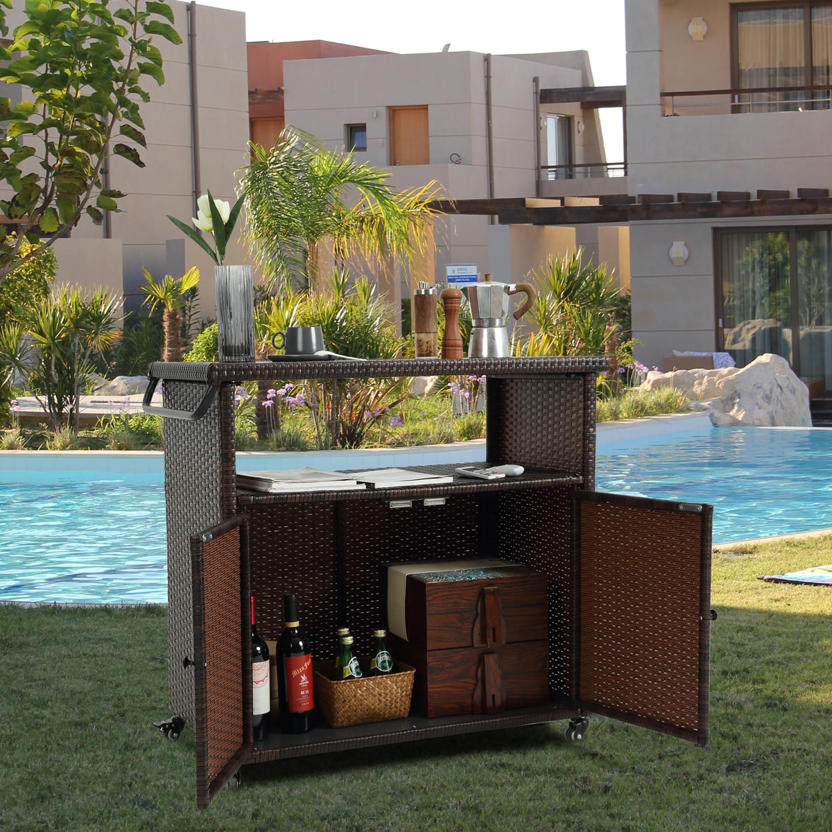 Wicker Outdoor Bar Cart with Storage