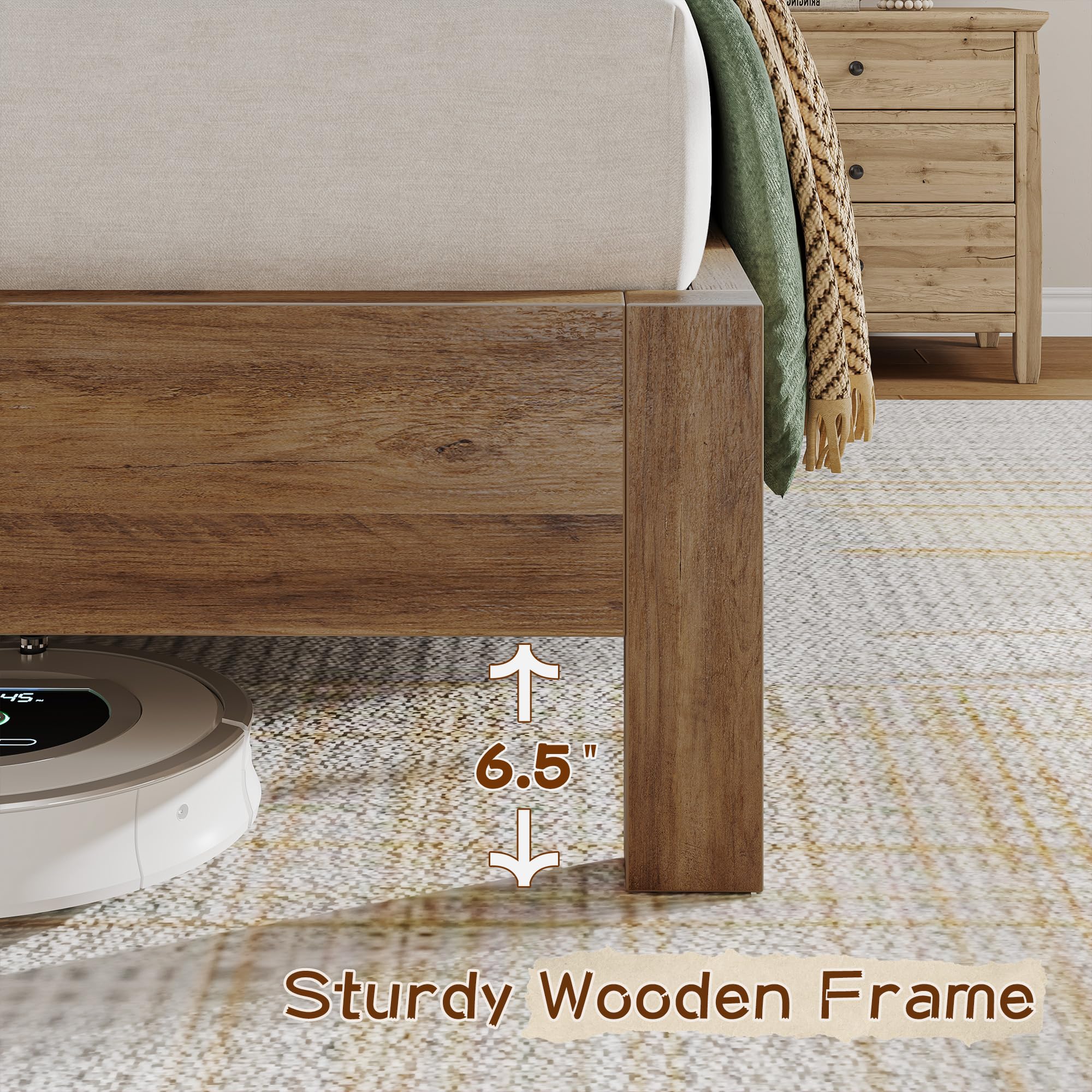 EnHomee King Size Bed Frame, King Bed Frame and Headboard Solid Wooden Platform with Built in Charging Station & Upholstered Headboard LED, No Noise, Easy Assembly, No Box Spring Needed