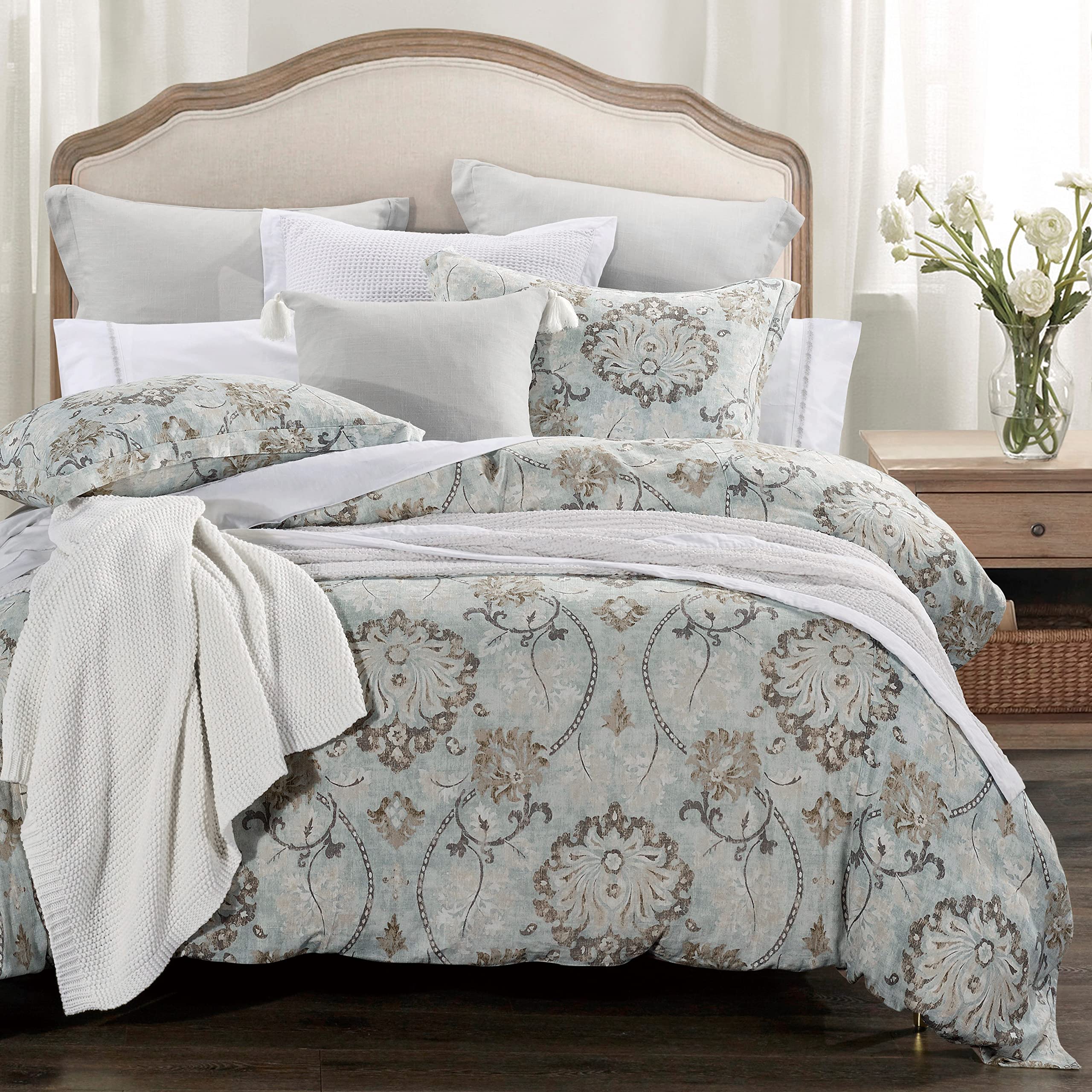 Dalia 3 Piece Linen Comforter Set, Queen Size, Light Blue Floral Bedding Set