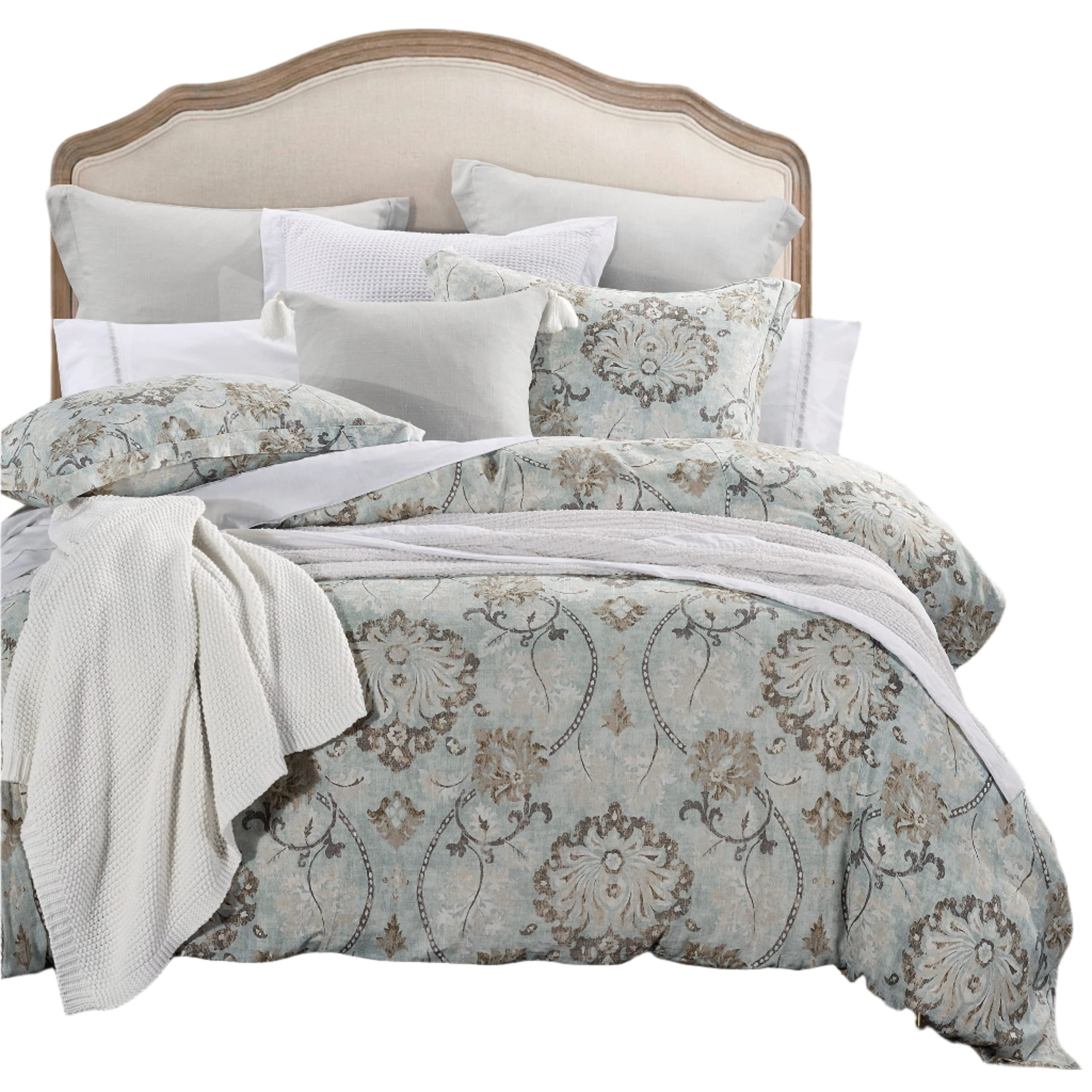 Dalia 3 Piece Linen Duvet Cover Set, Queen Size, Light Blue Floral Bedding Set