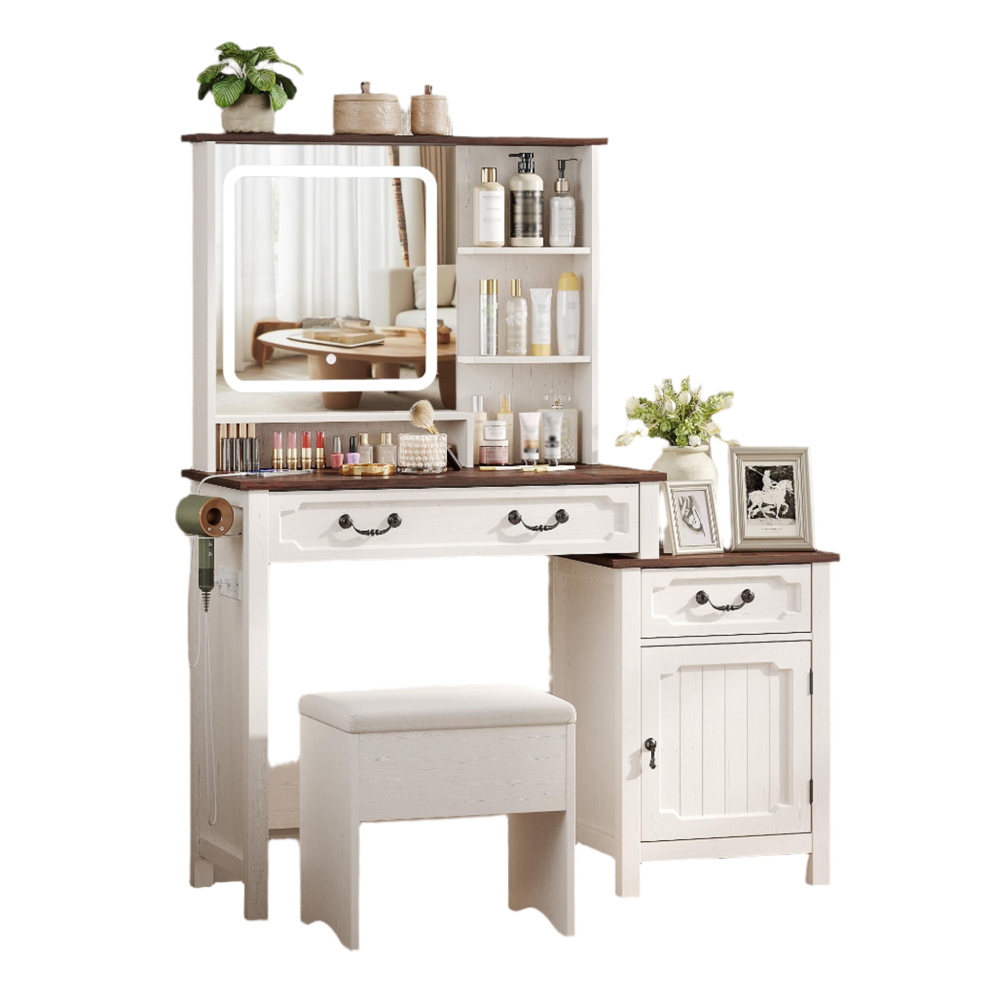 Farmhouse Makeup Vanity Desk with LED-Light Mirror with Charging Station