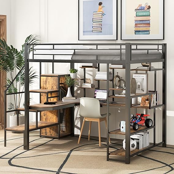Loft Bed with Stairs and Desk, Metal Gaming Loft Bed with RGB LED Light