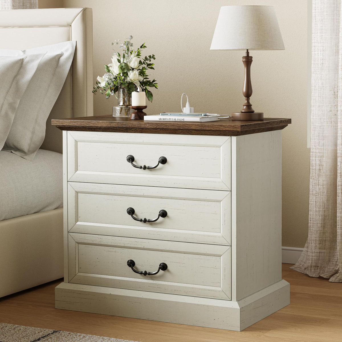 Farmhouse Nightstand with Charging Station & 3 Drawers, Set of 2