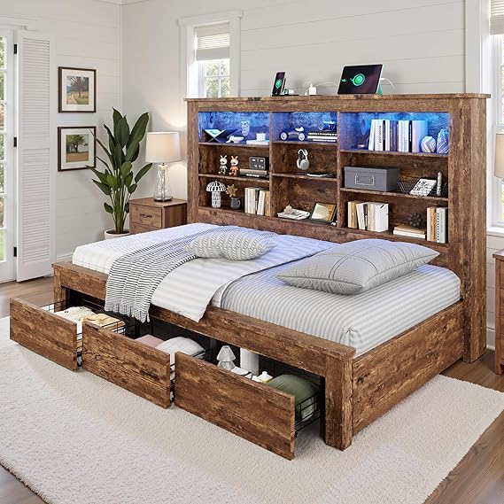 Daybed with Bookcase Headboard, USB-C Charging, RGB Lights & 3 Drawers