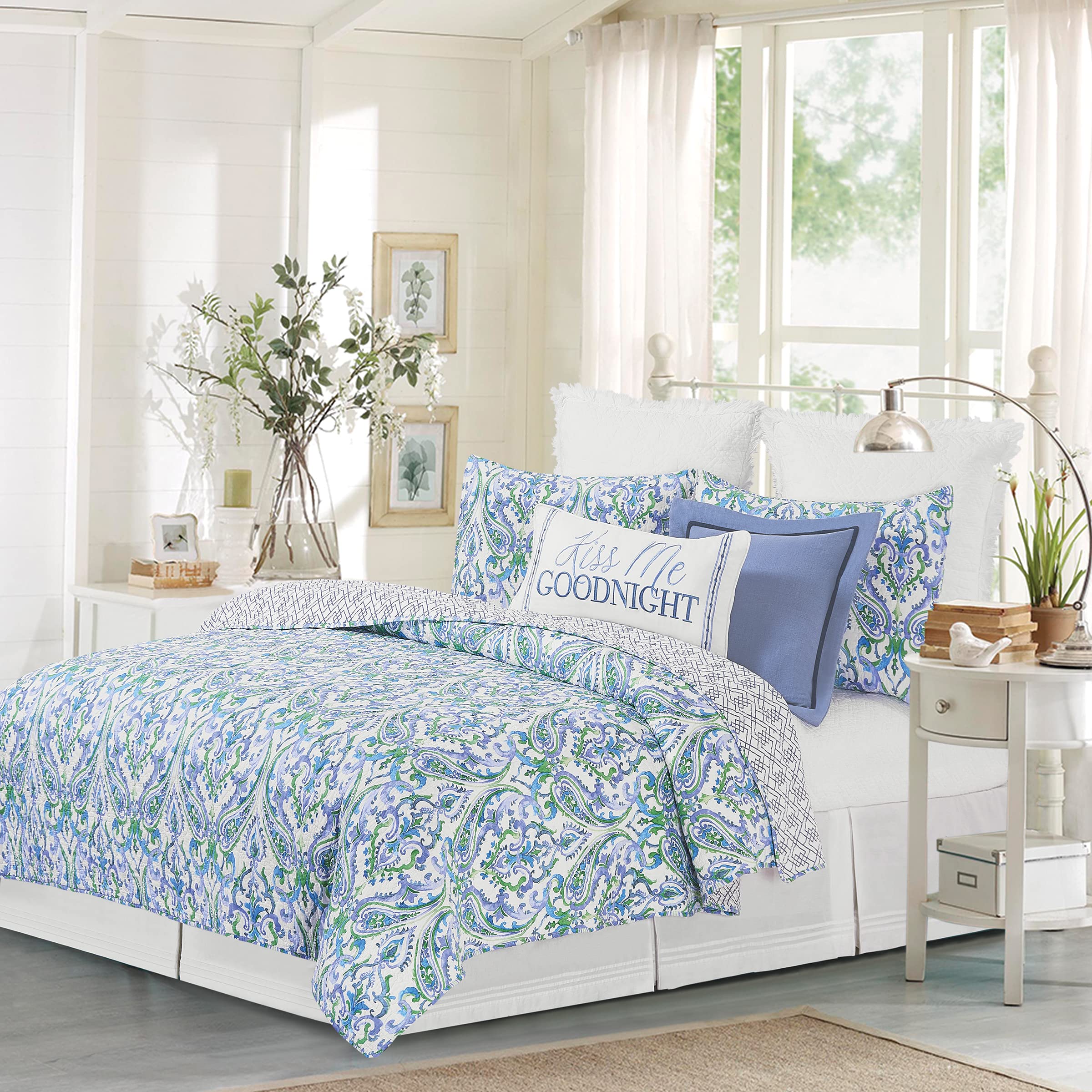 Juliet King 3 Piece Reversible Coverlet Quilt Set with 2 King Shams Quilt Set Blue Green