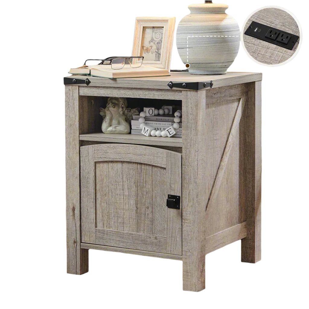 Farmhouse End Table with Charging Station, 18" Rustic Nightstand