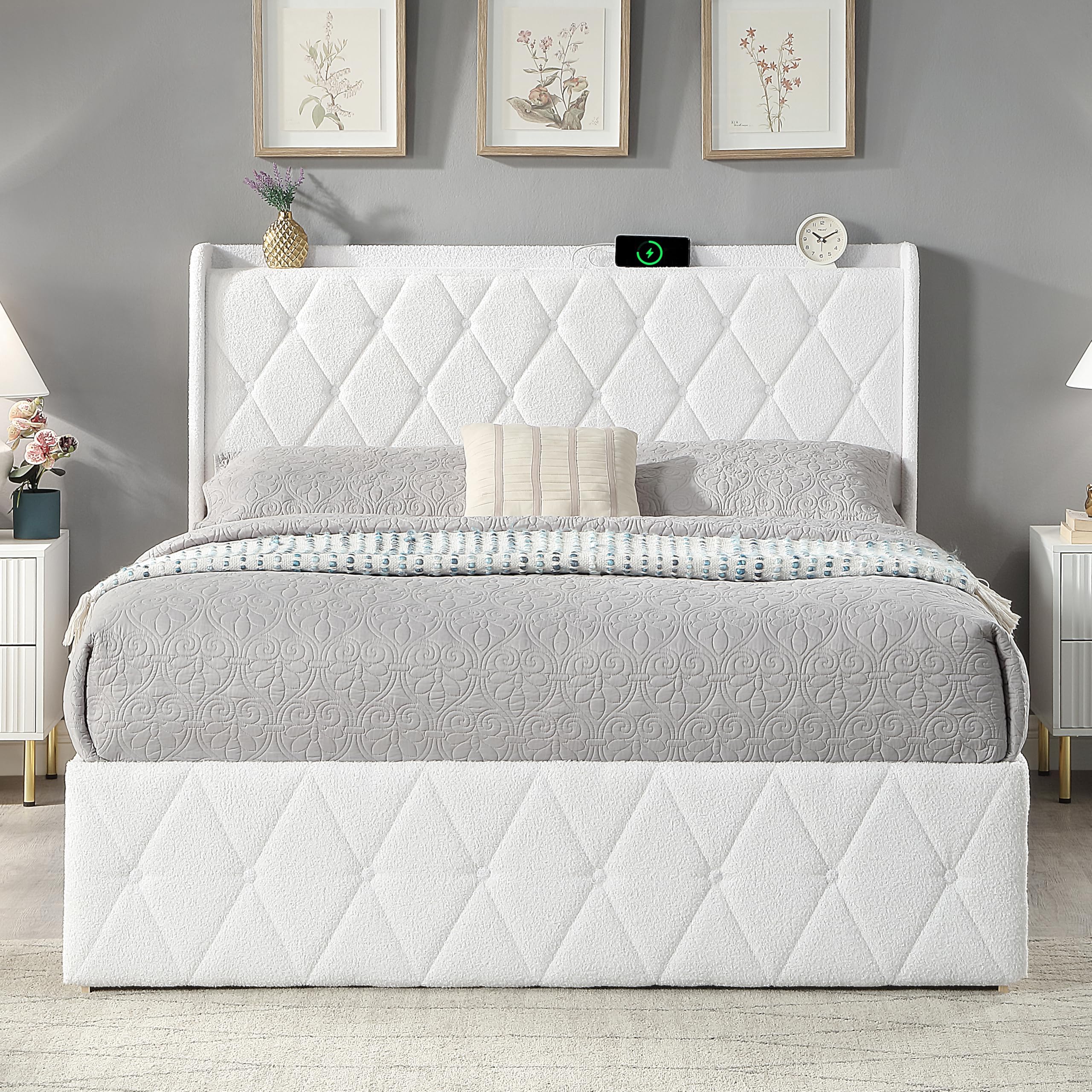 Queen Size Bed Frame with 6 Storage Cabinet and LED Lights, Boucle Upholstered Button