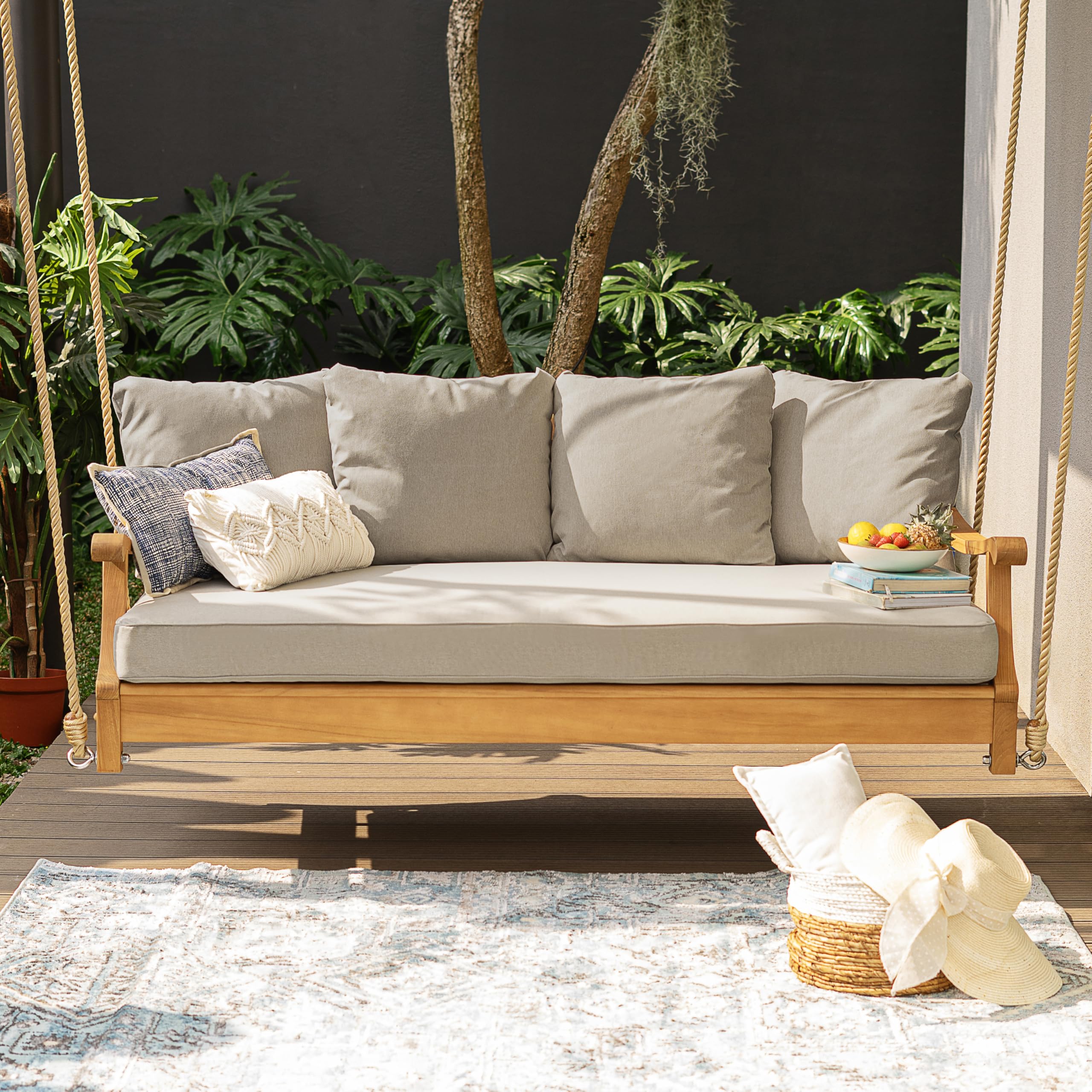 Casual Robin Teak Wood Porch Swing Bed, Spacious Outdoor