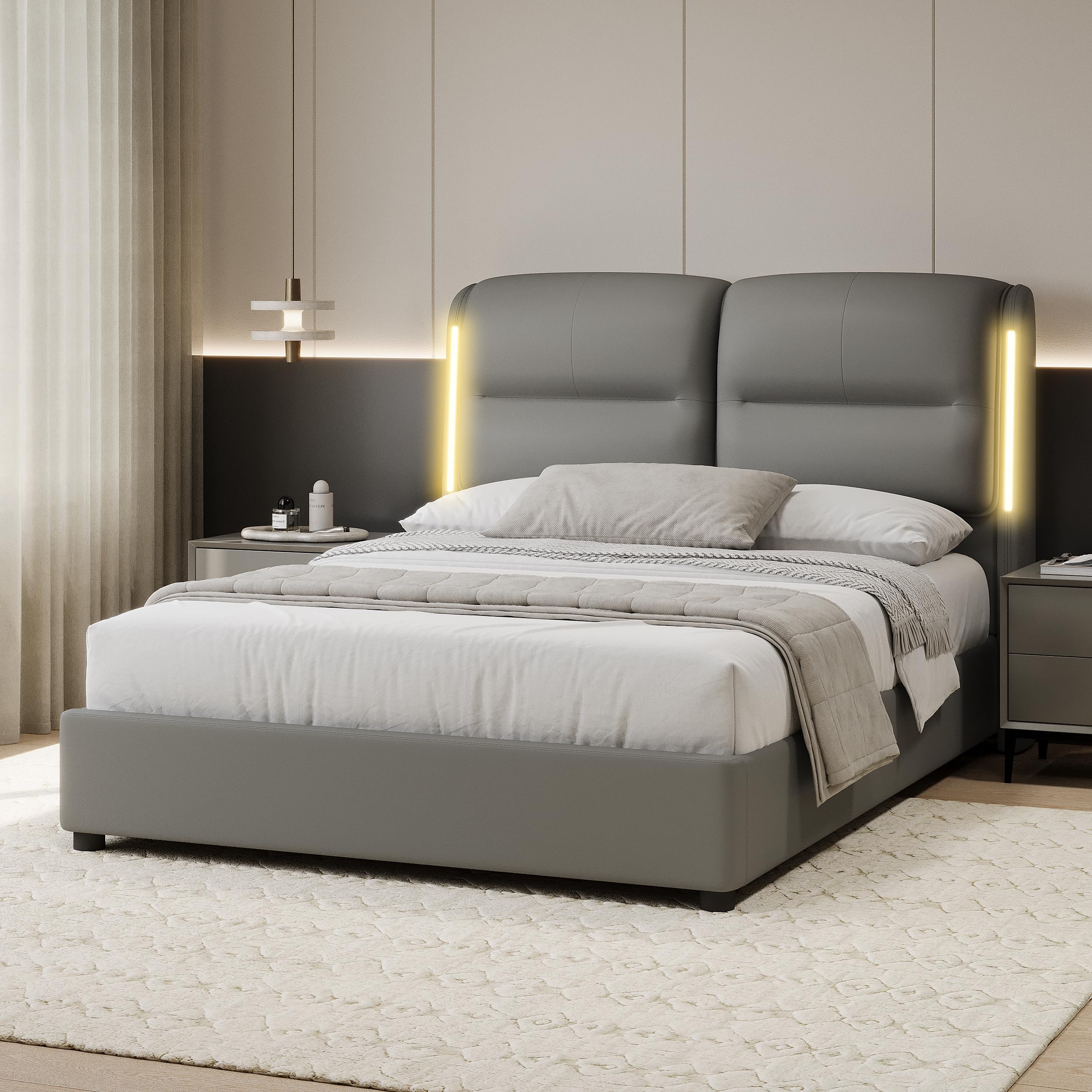 Upholstered Queen Size Hydraulic Platform Bed with Lift Up Storage and Sensor LED Lights
