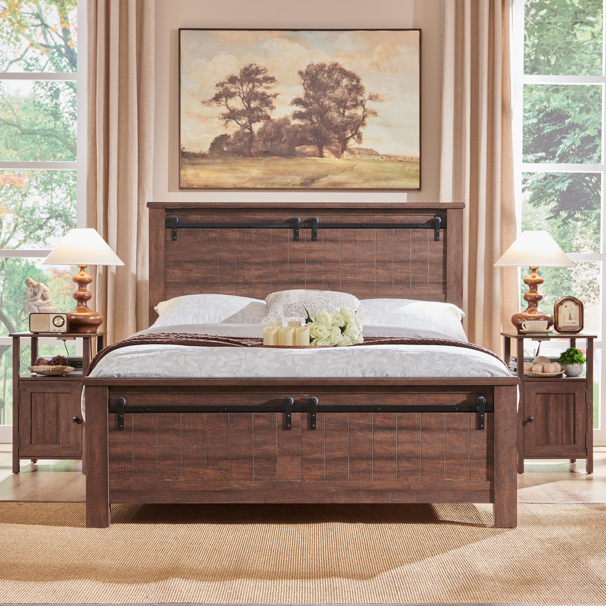 Farmhouse Nightstands Set of 2, Narrow Bedside Table with Charging Station